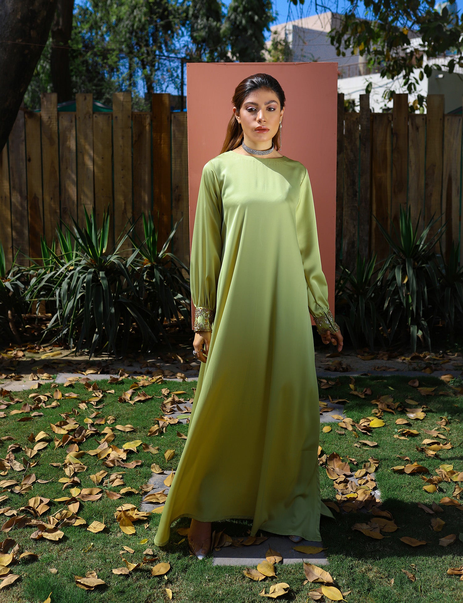 Pakistani Lime Green Embellished Silk Kaftan (1-Pc) - Image 1