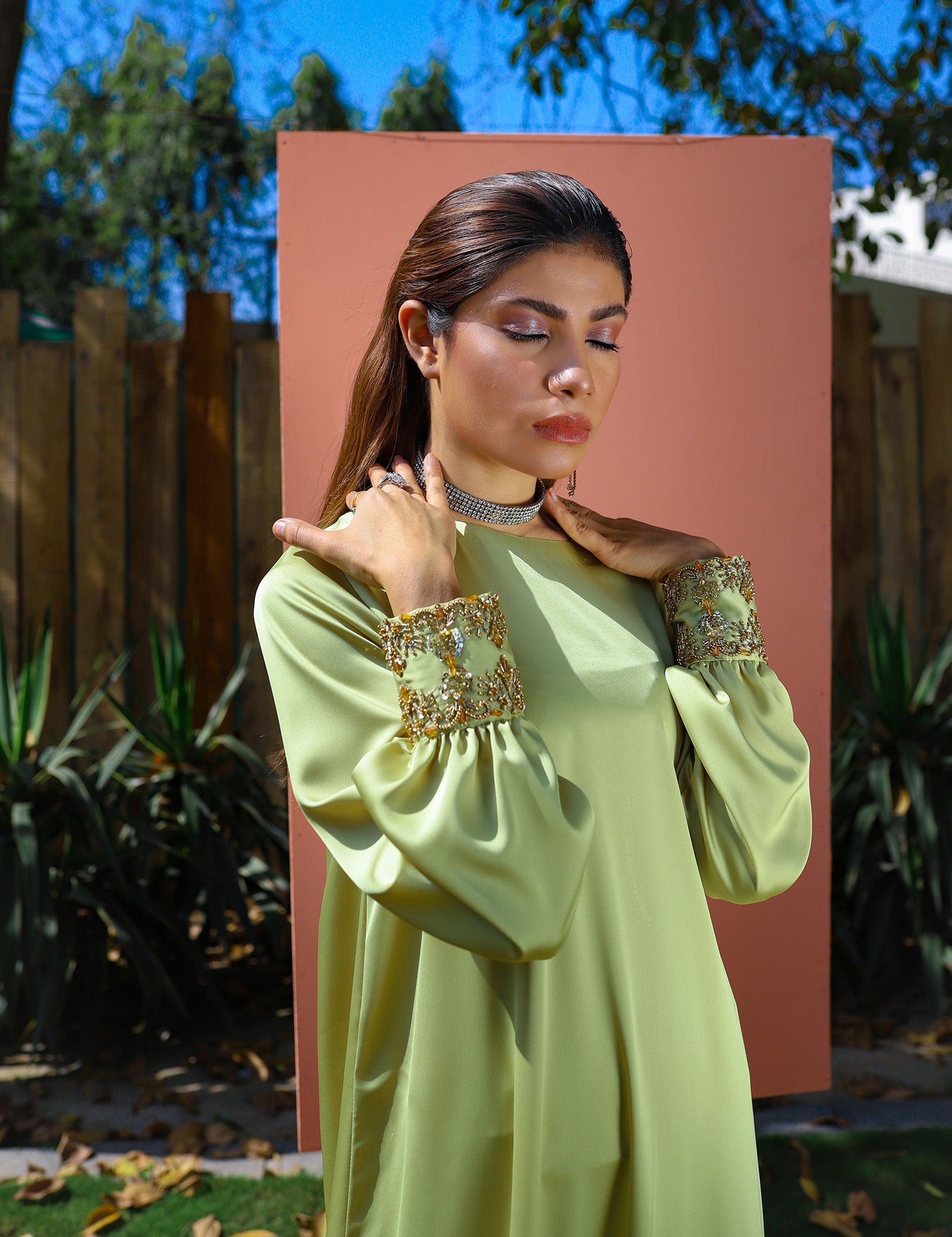 Pakistani Lime Green Embellished Silk Kaftan (1-Pc) - Image 2