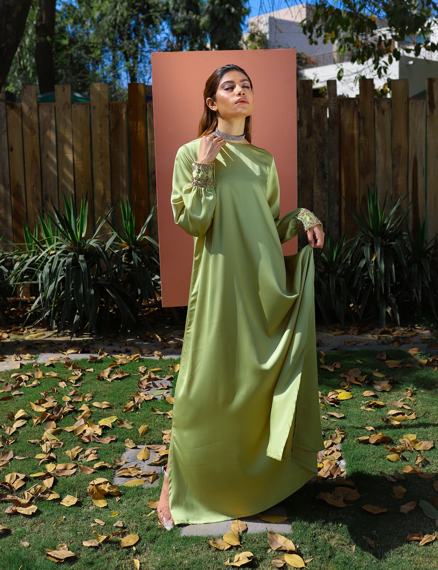 Pakistani Lime Green Embellished Silk Kaftan (1-Pc) - Image 4