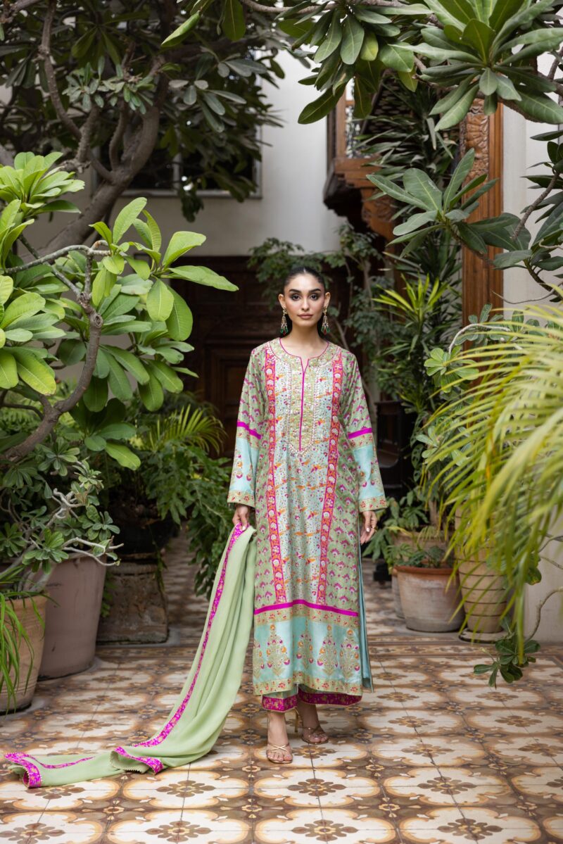 Pakistani Green & Ferozi Block-Printed Silk Kaftan (3-Piece) - Image 1