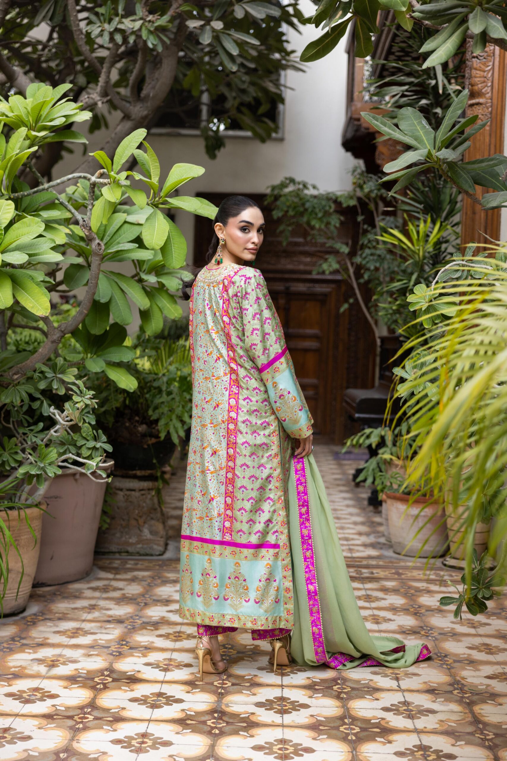 Pakistani Green & Ferozi Block-Printed Silk Kaftan (3-Piece) - Image 4