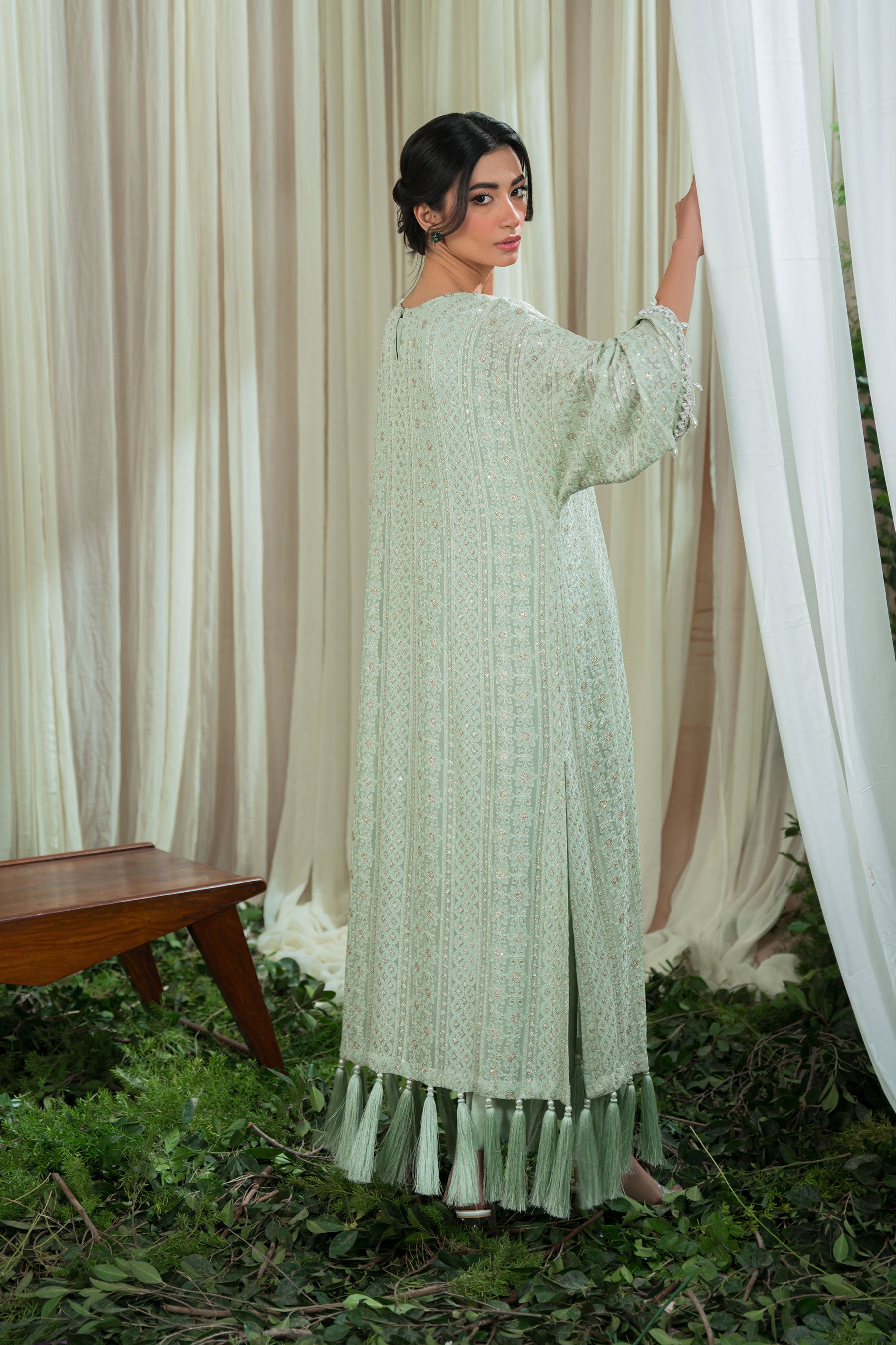 Pakistani Mint Chikankari Blended Silk Kaftan Set (3-Piece) - Image 2