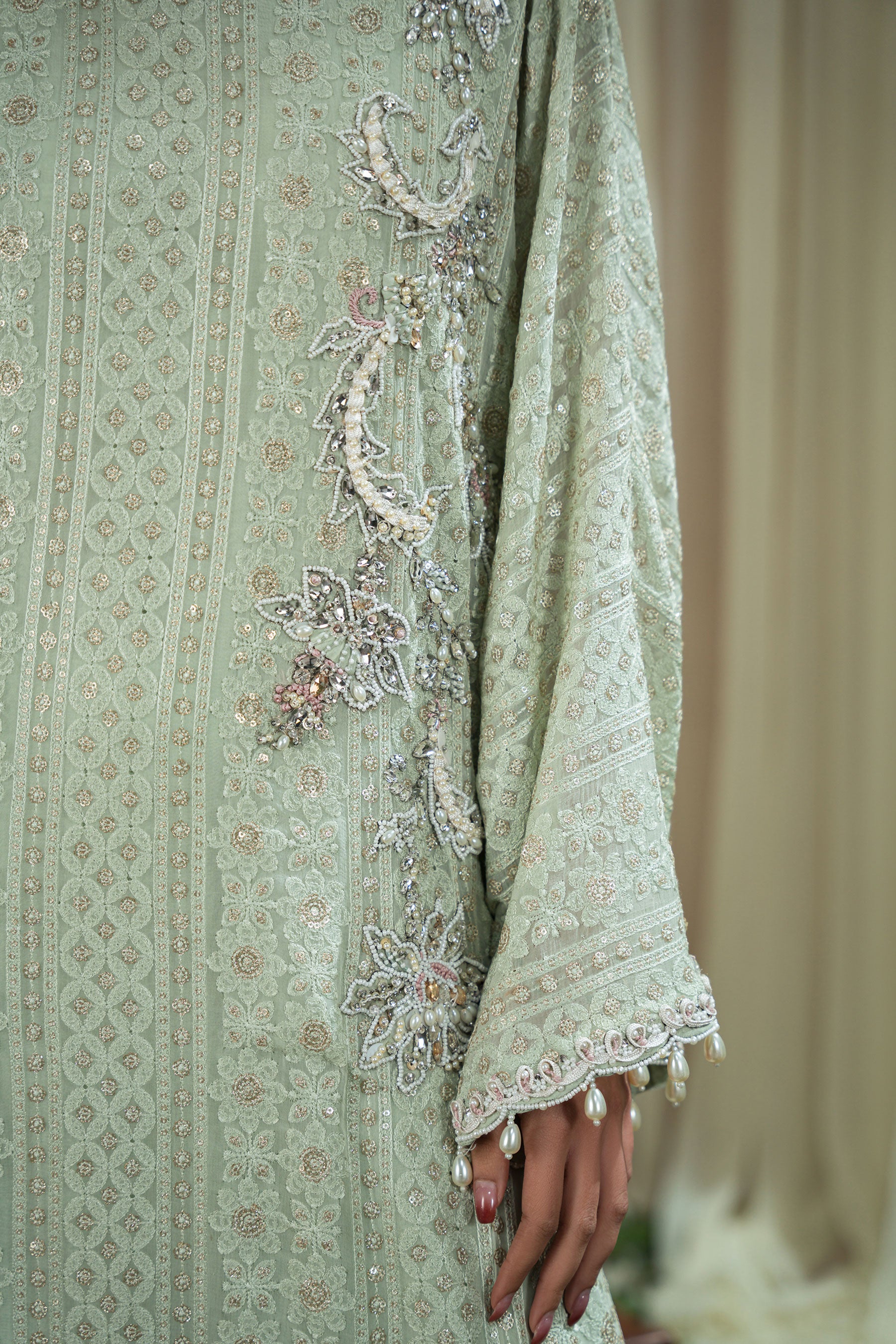 Pakistani Mint Chikankari Blended Silk Kaftan Set (3-Piece) - Image 4