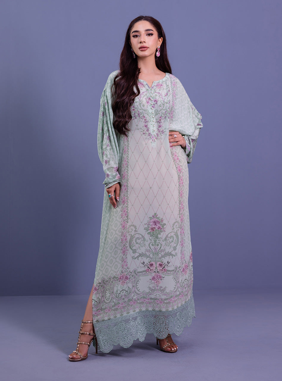 Mint Embroidered Pure Silk Kaftan (1-Pc) - Image 1