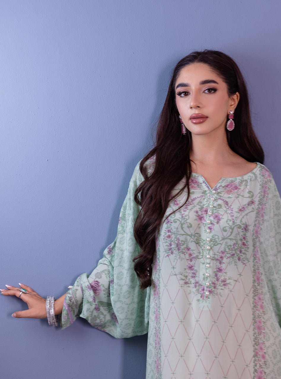 Mint Embroidered Pure Silk Kaftan (1-Pc) - Image 3