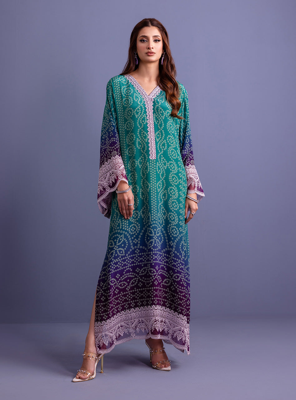 Teal & Purple Embroidered Pure Silk Kaftan (1-Pc) - Image 1