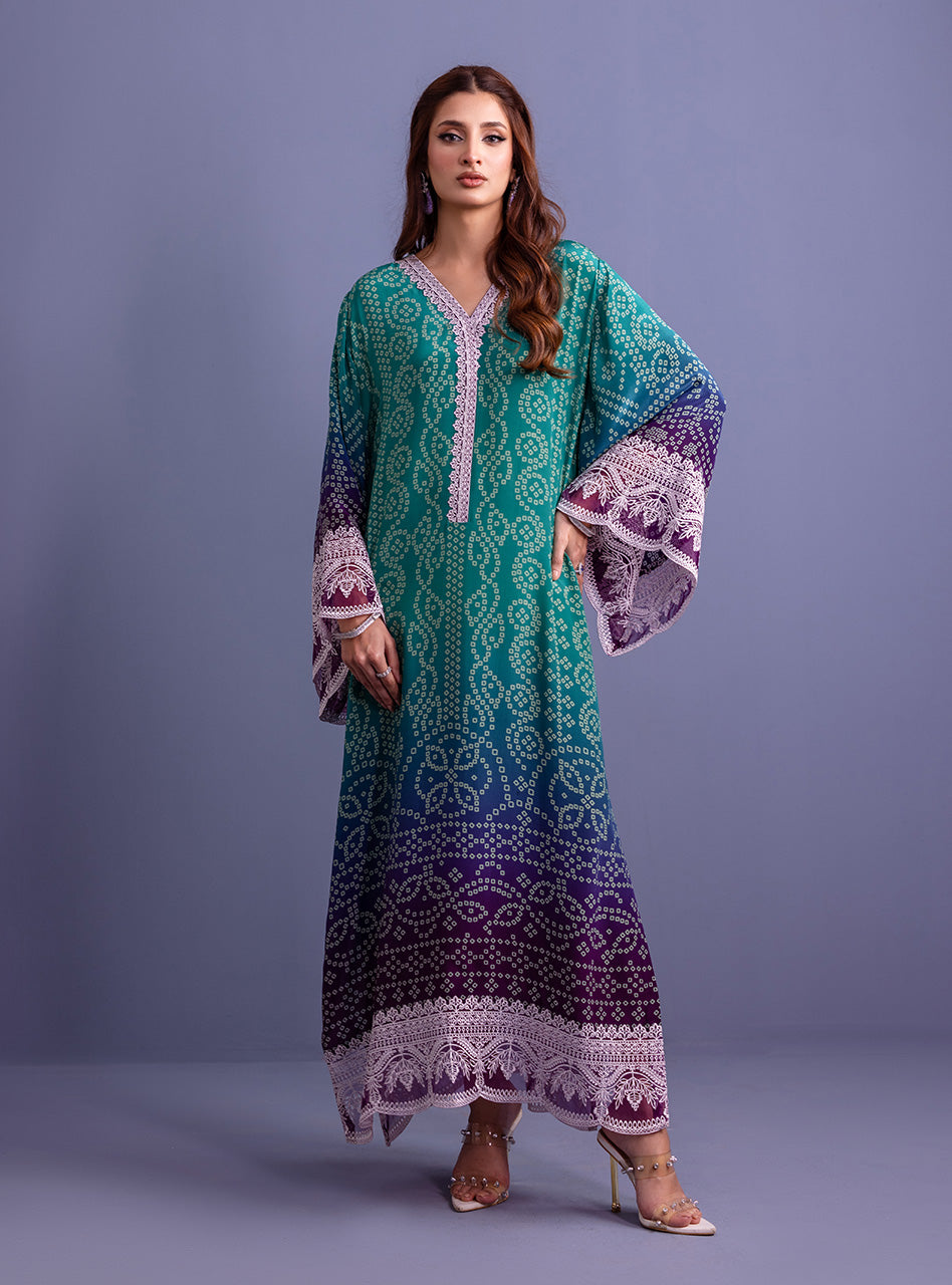 Teal & Purple Embroidered Pure Silk Kaftan (1-Pc) - Image 3