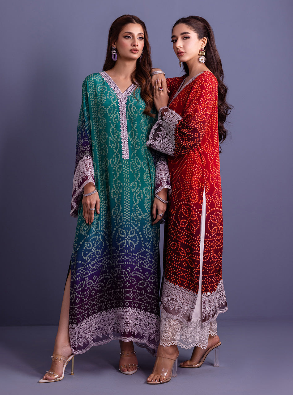 Teal & Purple Embroidered Pure Silk Kaftan (1-Pc) - Image 4