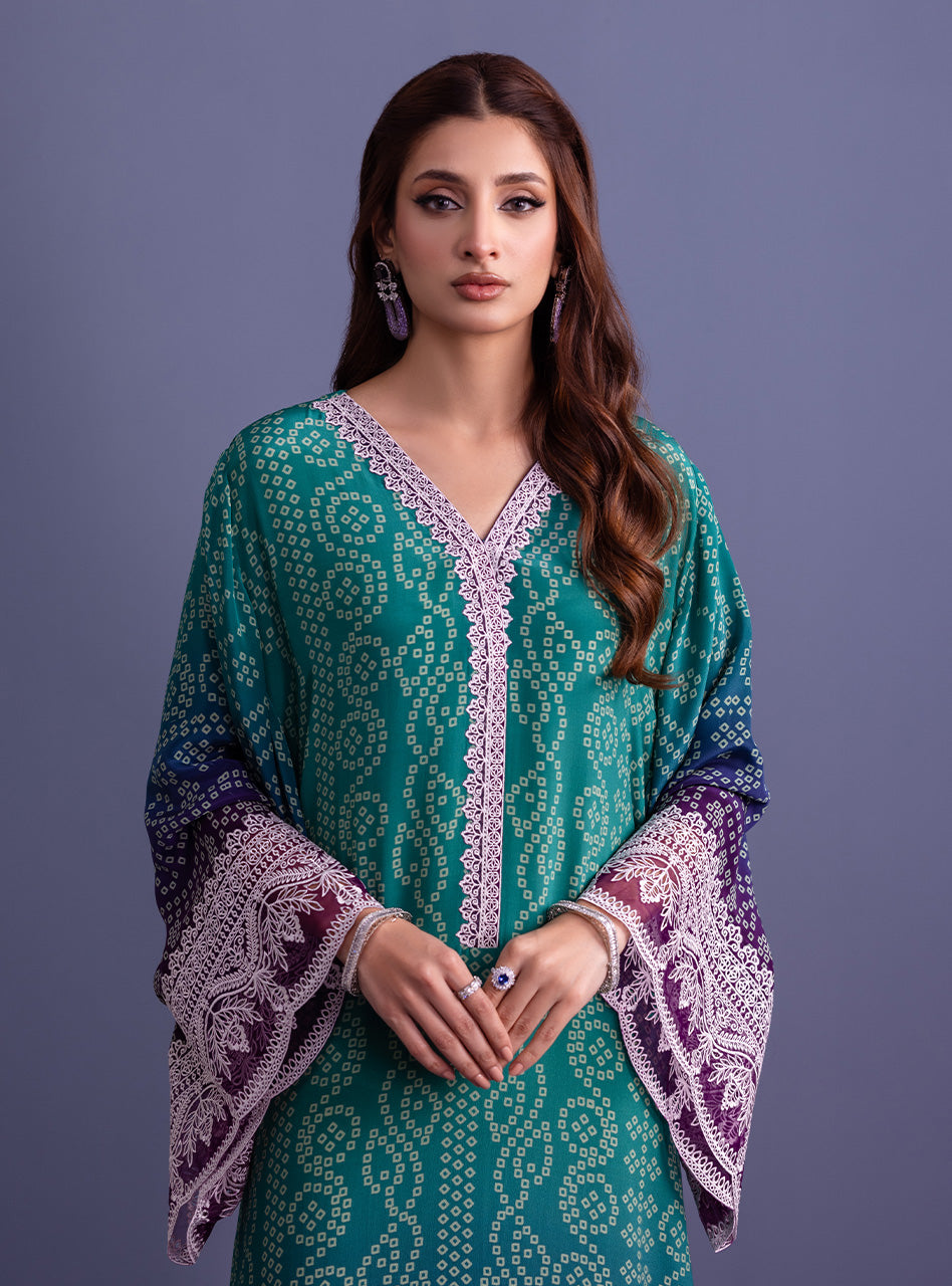 Teal & Purple Embroidered Pure Silk Kaftan (1-Pc) - Image 6