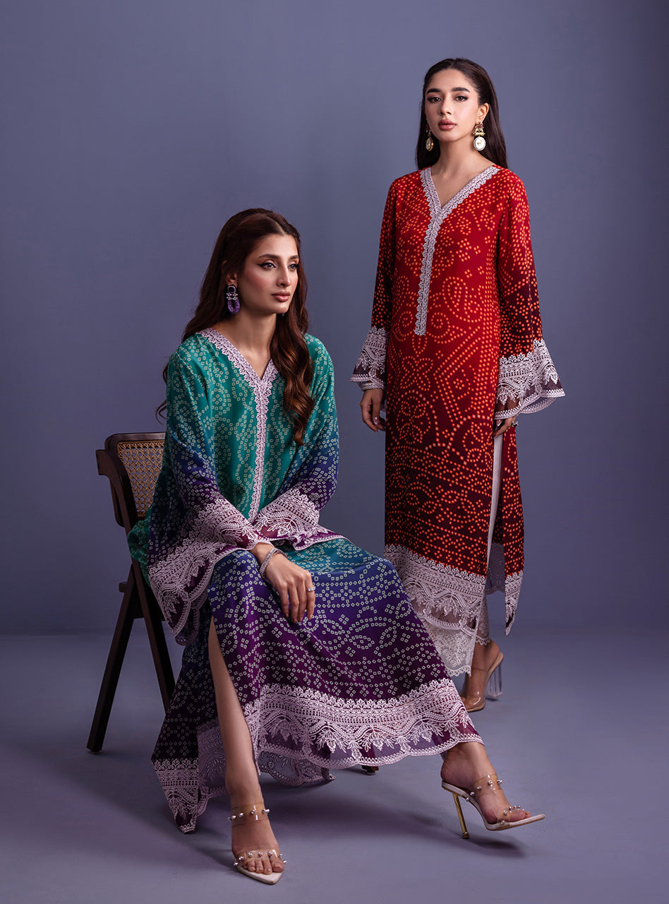 Teal & Purple Embroidered Pure Silk Kaftan (1-Pc) - Image 7