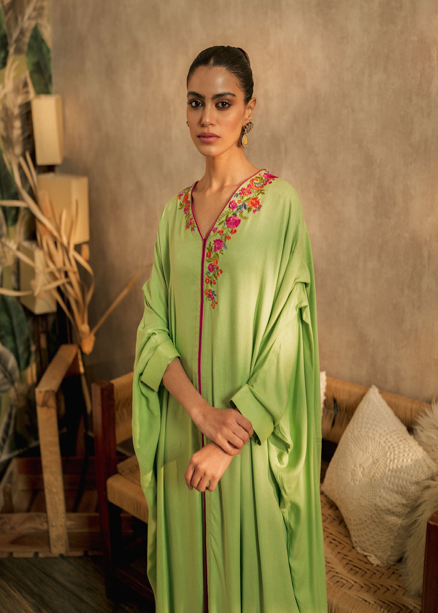 Neon Green Embroidered Blended Grip Silk Kaftan (1-Pc) - Image 2