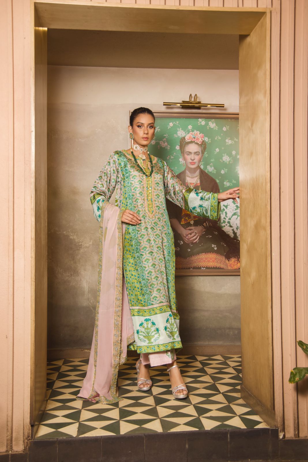 Pakistani Green Gold Embellished Silk Kaftan (3-Piece) - Image 2
