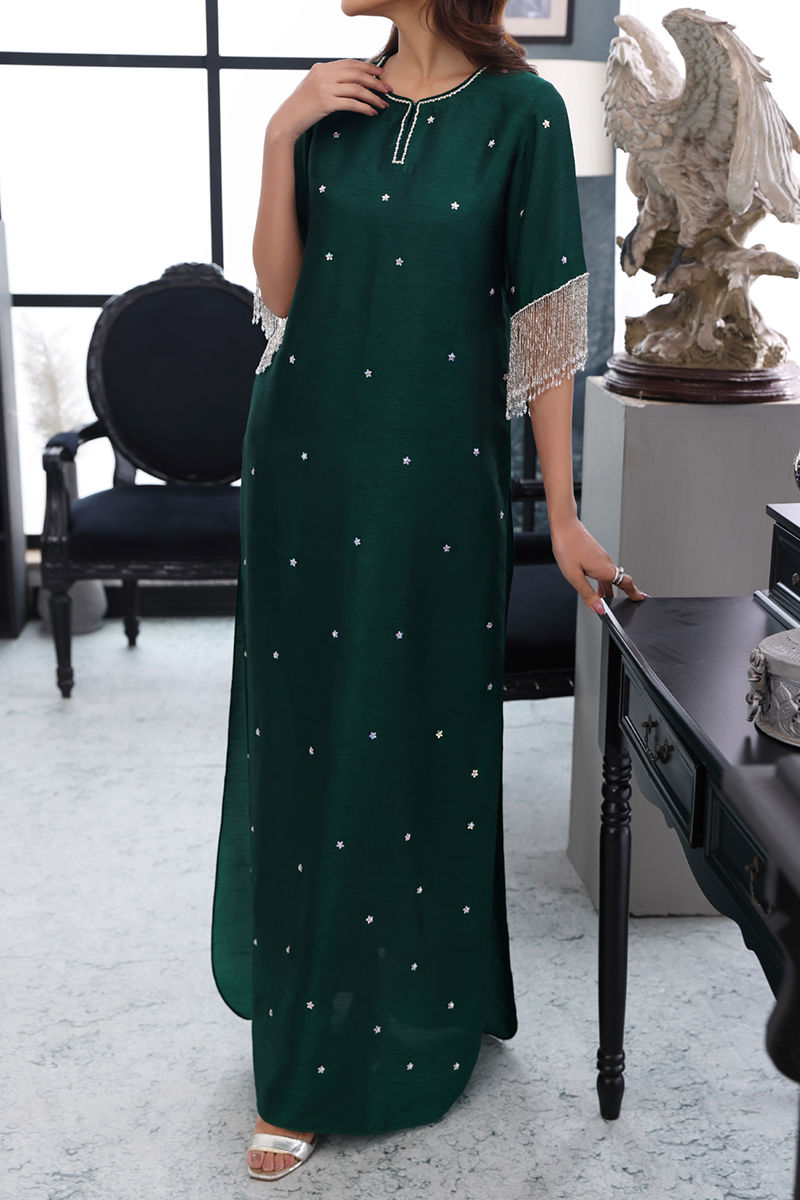 Pakistani Emerald Green Hand-Embellished Silk-Blend Kaftan (1-Pc) - Image 1