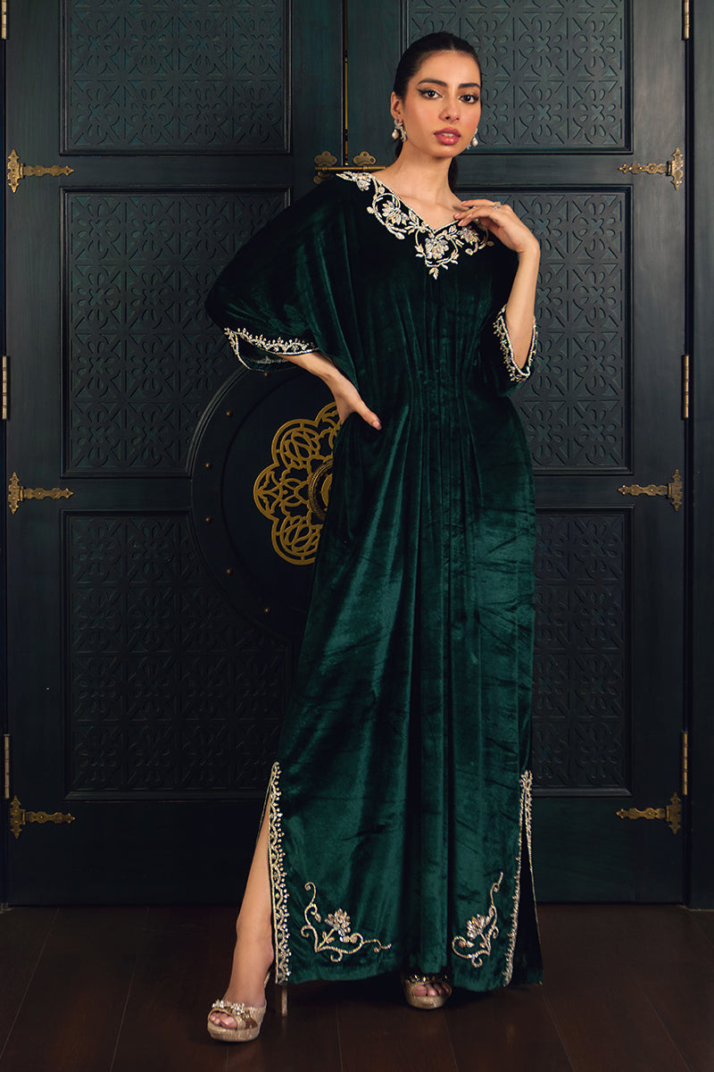 Pakistani Emerald Crystal Zardozi Velvet Kaftan (1-Pc) - Image 1