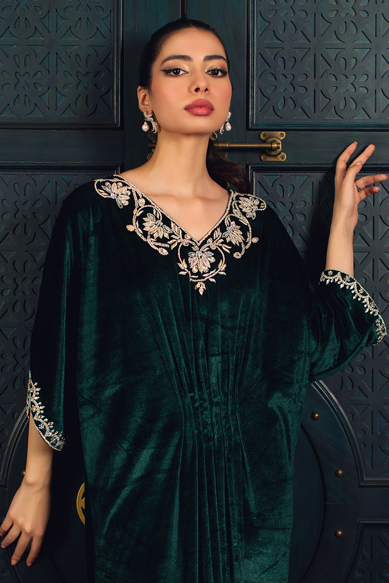 Pakistani Emerald Crystal Zardozi Velvet Kaftan (1-Pc) - Image 2