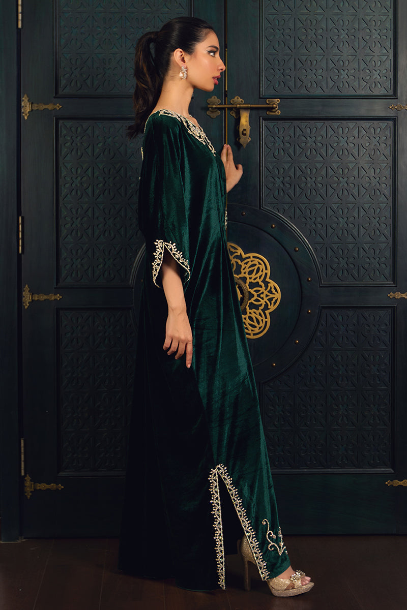 Pakistani Emerald Crystal Zardozi Velvet Kaftan (1-Pc) - Image 3