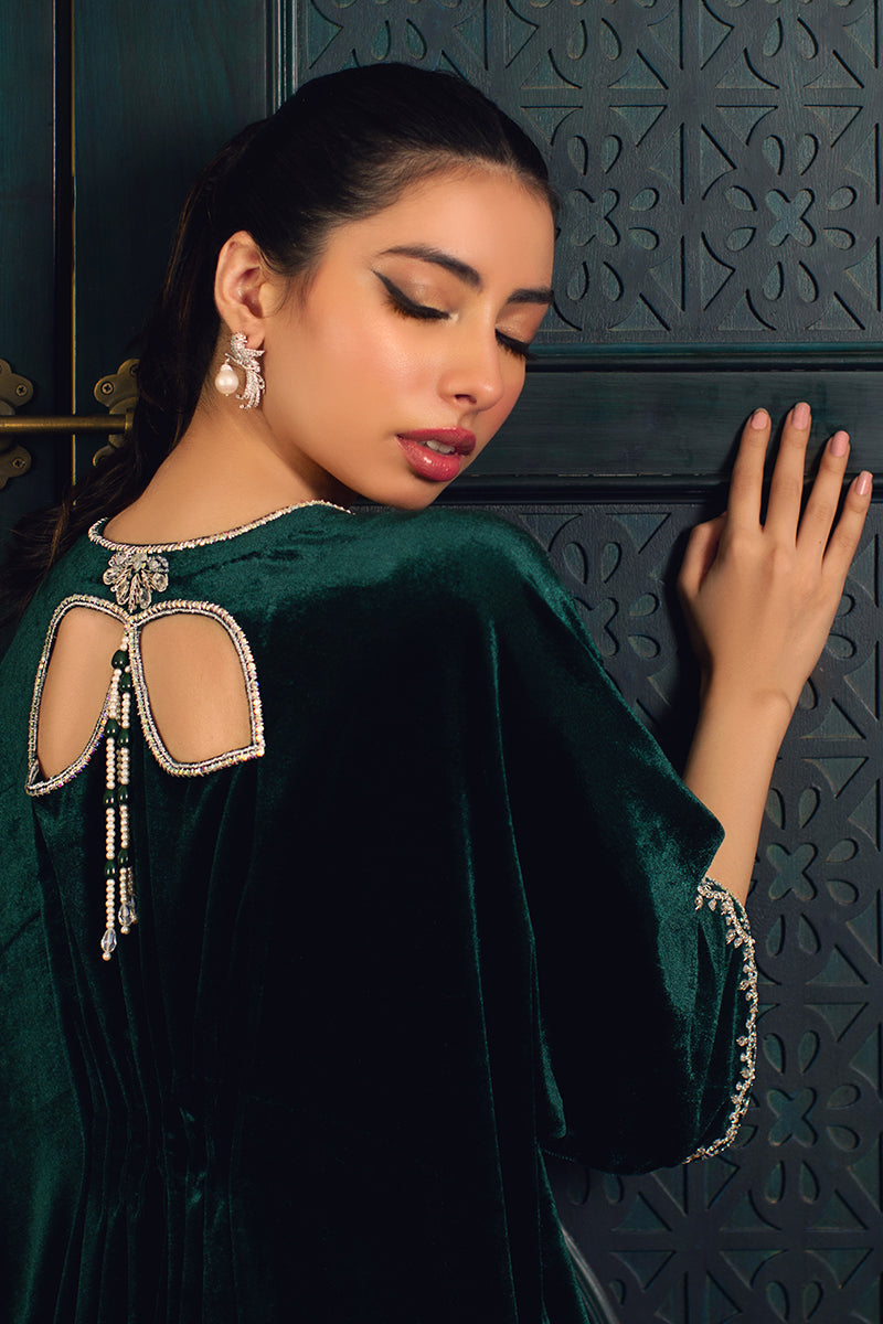 Pakistani Emerald Crystal Zardozi Velvet Kaftan (1-Pc) - Image 4