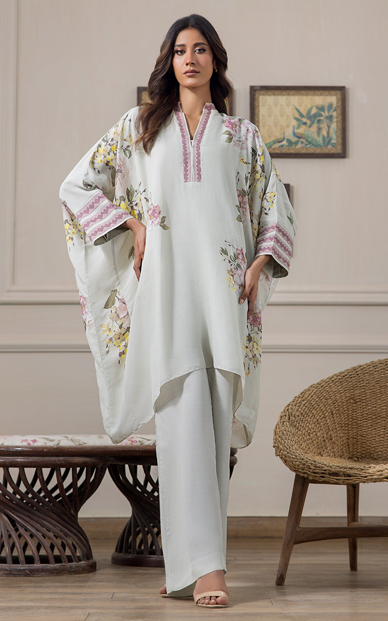 Pakistani Soft Sage Printed Viscose Silk Kaftan (2-Piece) - Image 2