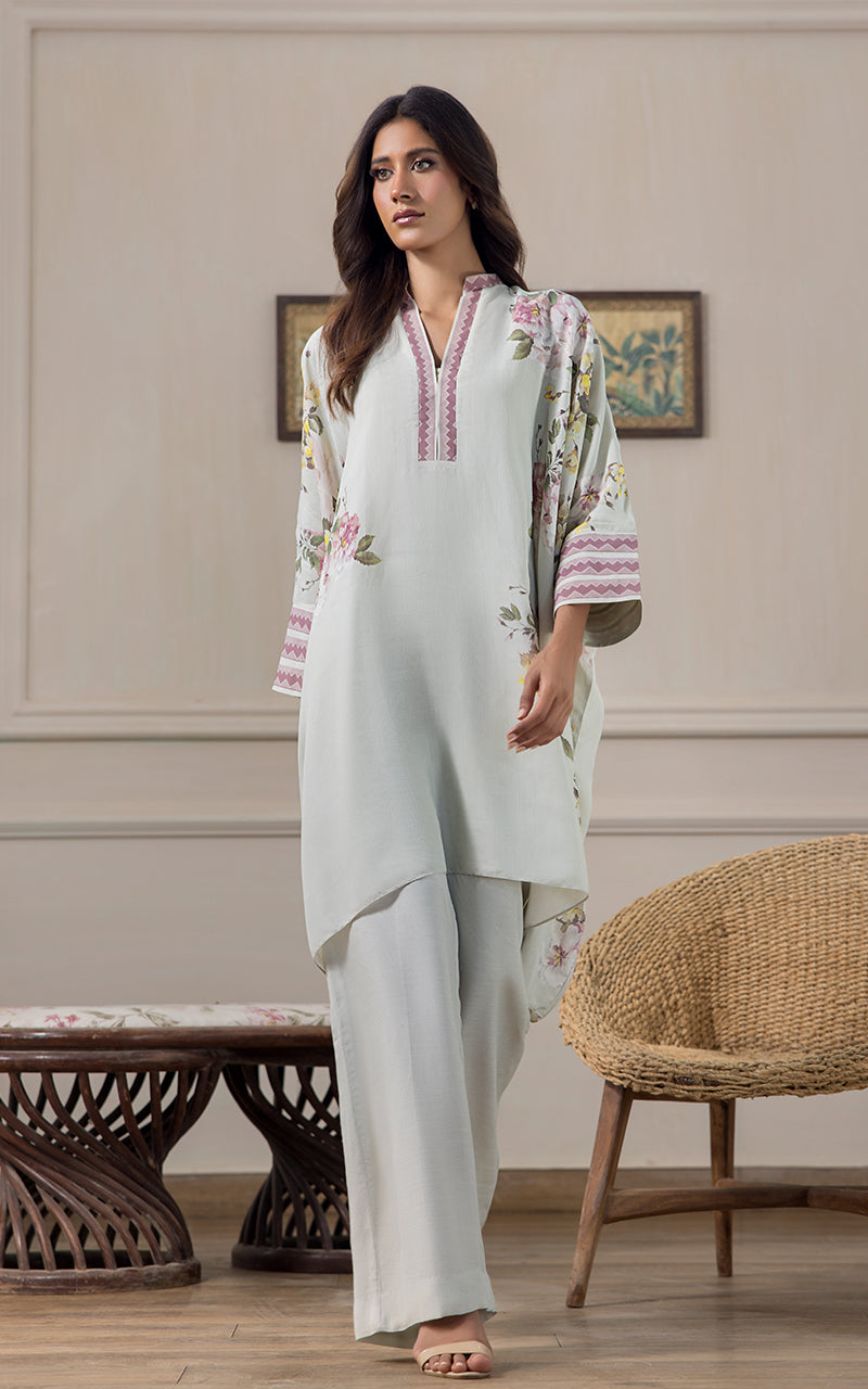 Pakistani Soft Sage Printed Viscose Silk Kaftan (2-Piece) - Image 3
