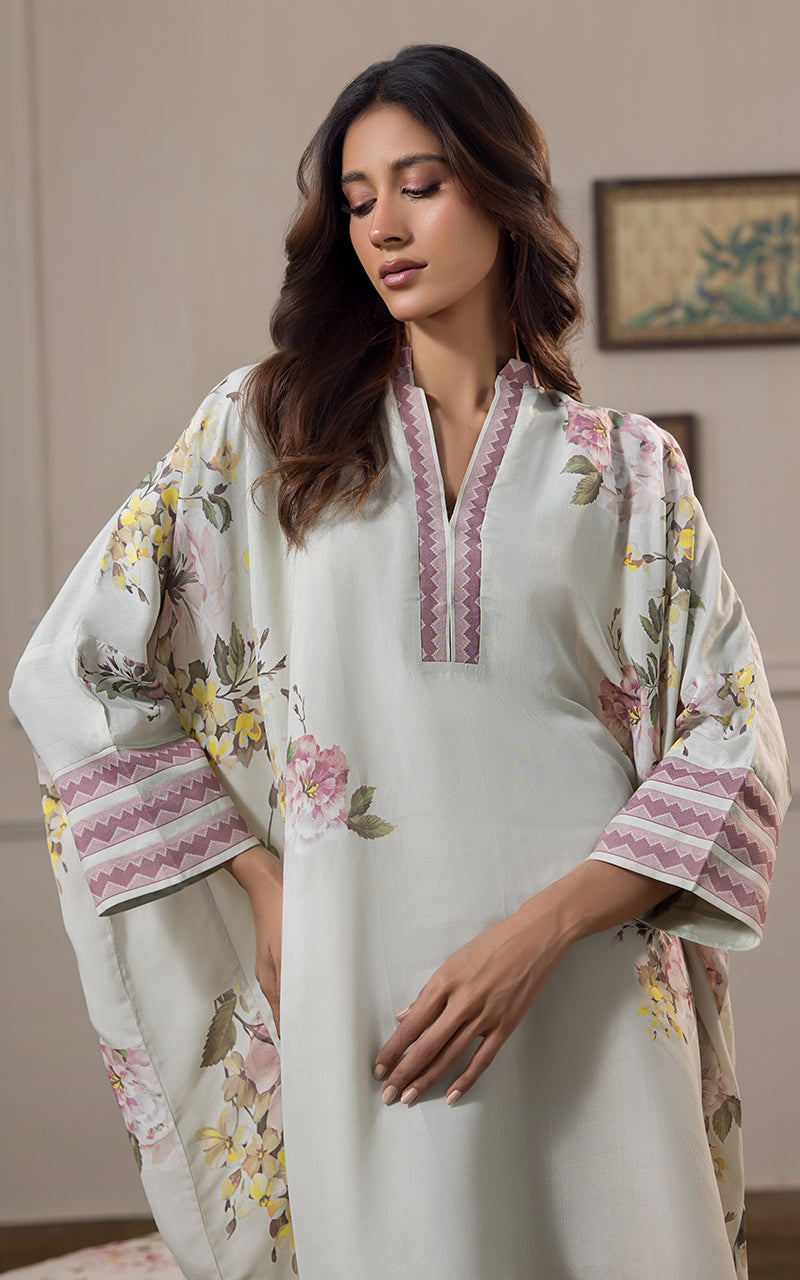 Pakistani Soft Sage Printed Viscose Silk Kaftan (2-Piece) - Image 8