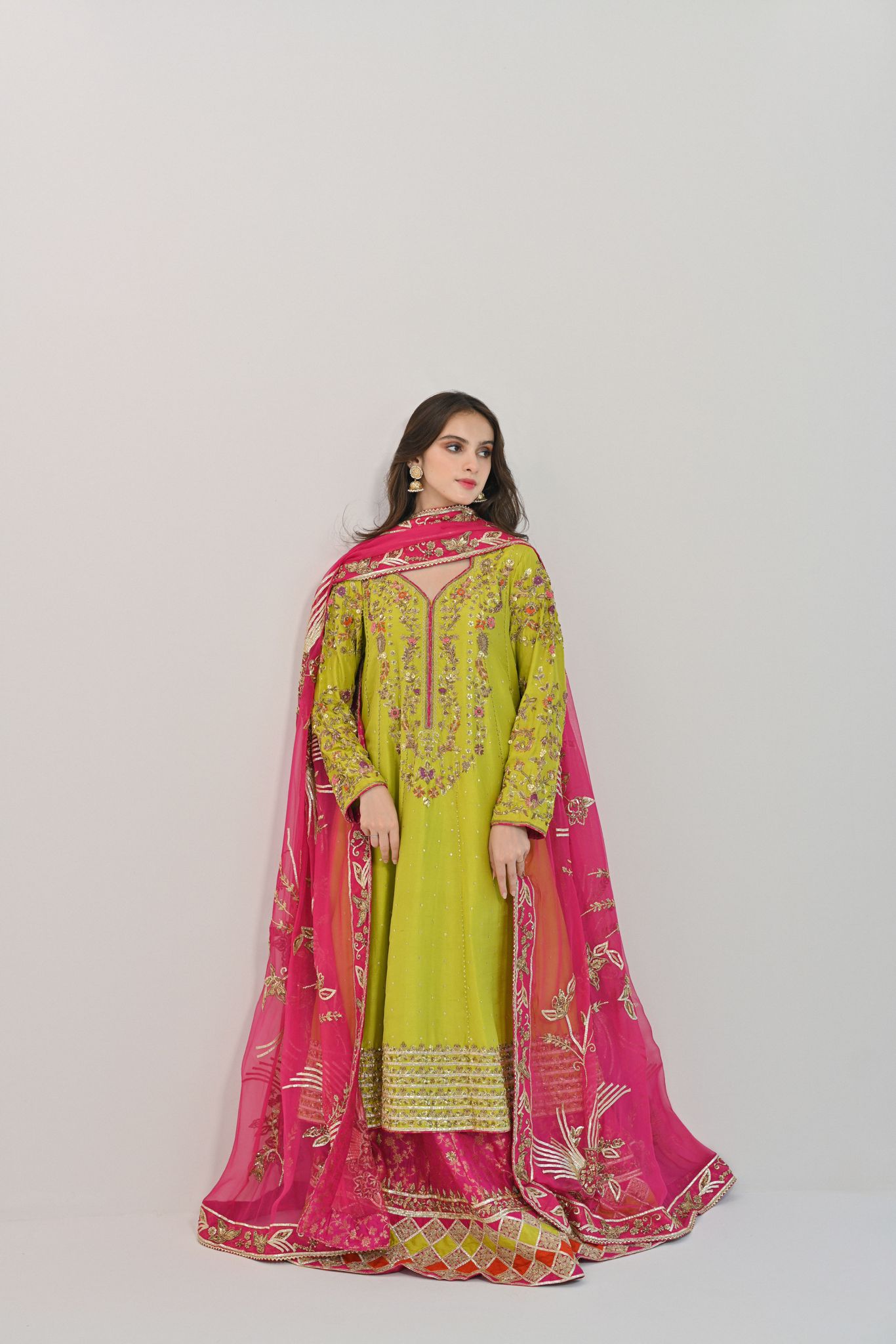 Pakistani Lime Green & Hot Pink Embroidered Jamawar Kalidaar (3-Piece) - Image 2