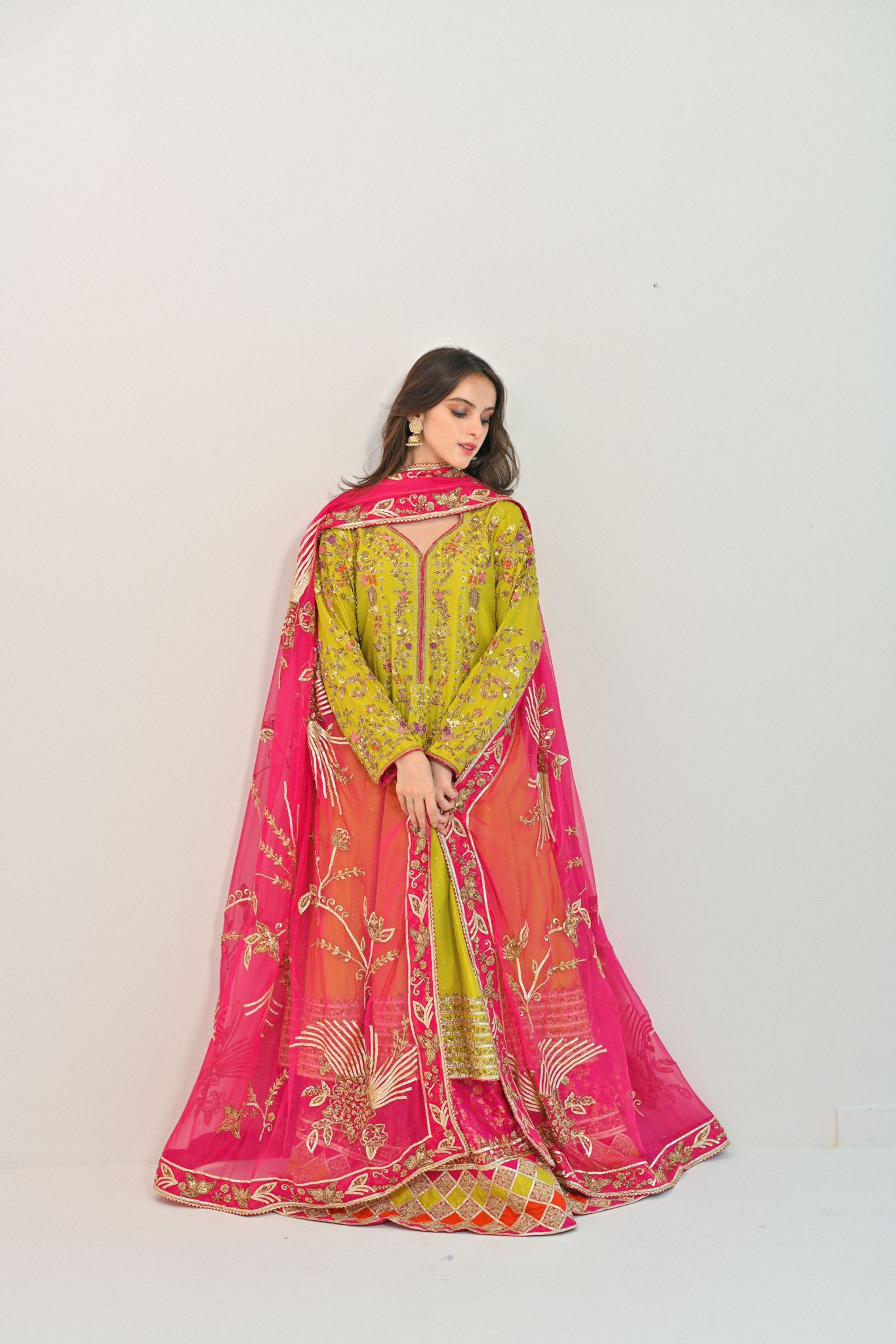Pakistani Lime Green & Hot Pink Embroidered Jamawar Kalidaar (3-Piece) - Image 4