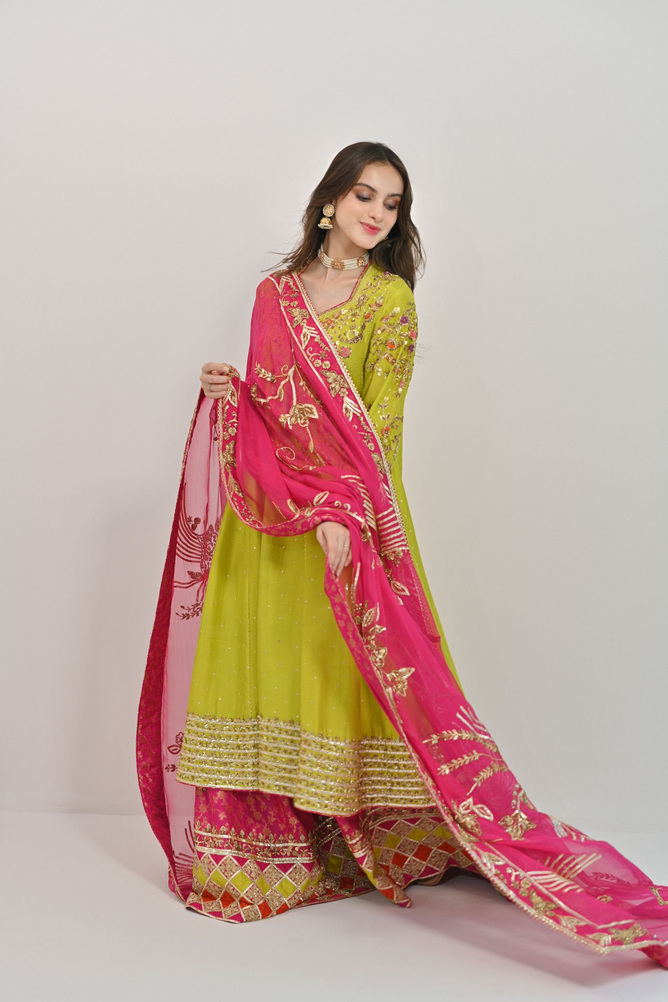 Pakistani Lime Green & Hot Pink Embroidered Jamawar Kalidaar (3-Piece) - Image 7