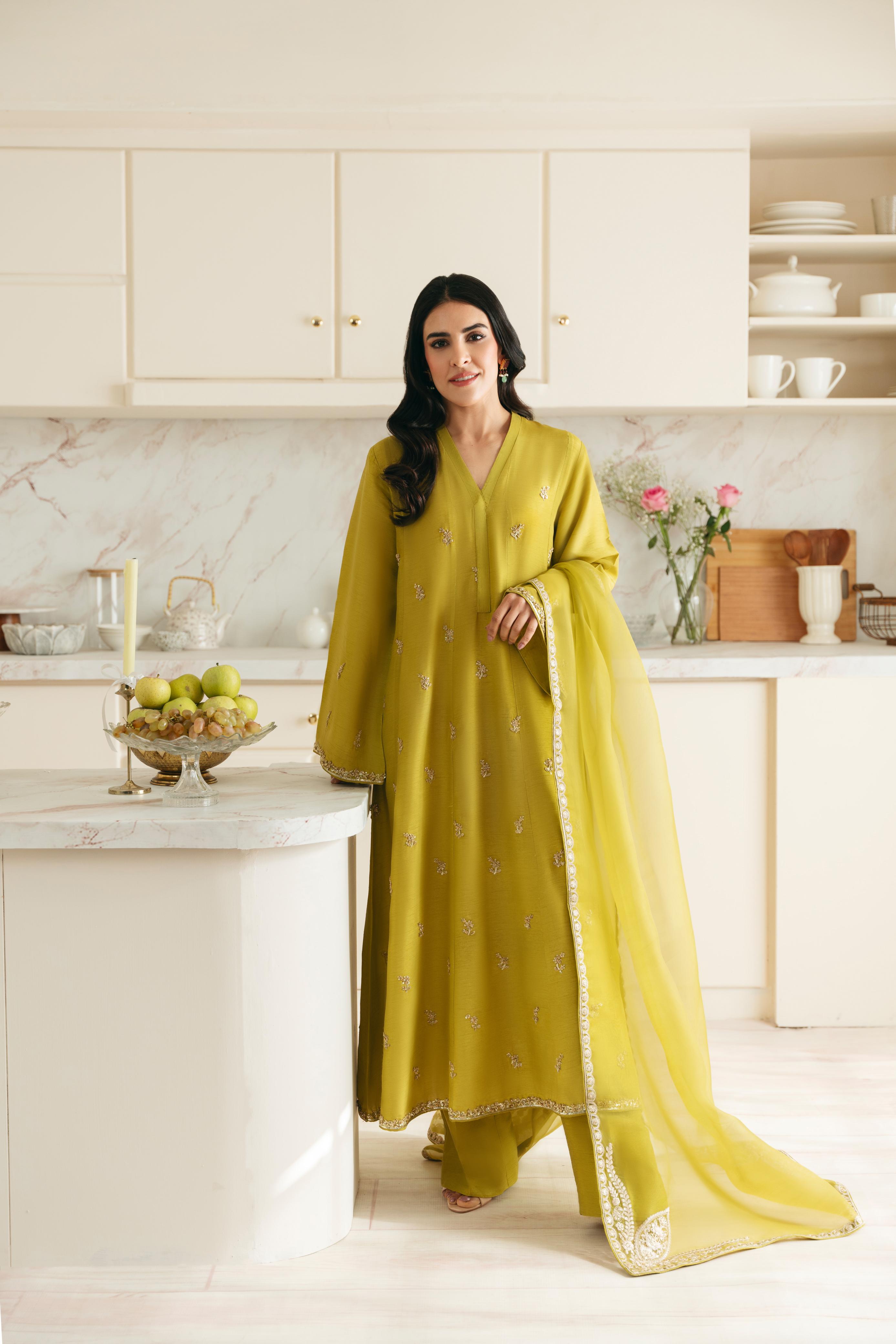 Pakistani Dhani Green Hand Ada Work Korean Silk Kalidaar (3-Piece) - Image 1