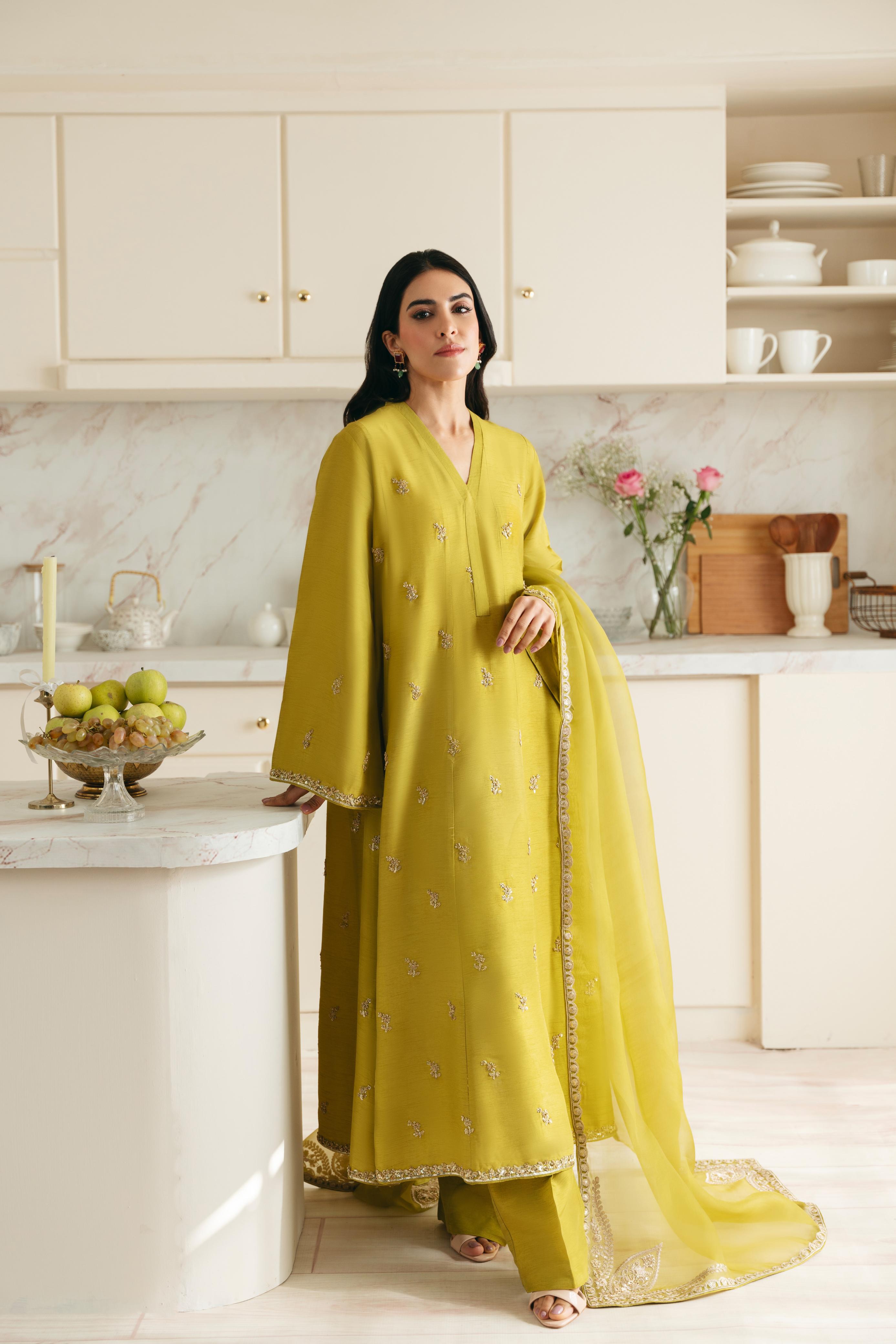 Pakistani Dhani Green Hand Ada Work Korean Silk Kalidaar (3-Piece) - Image 3