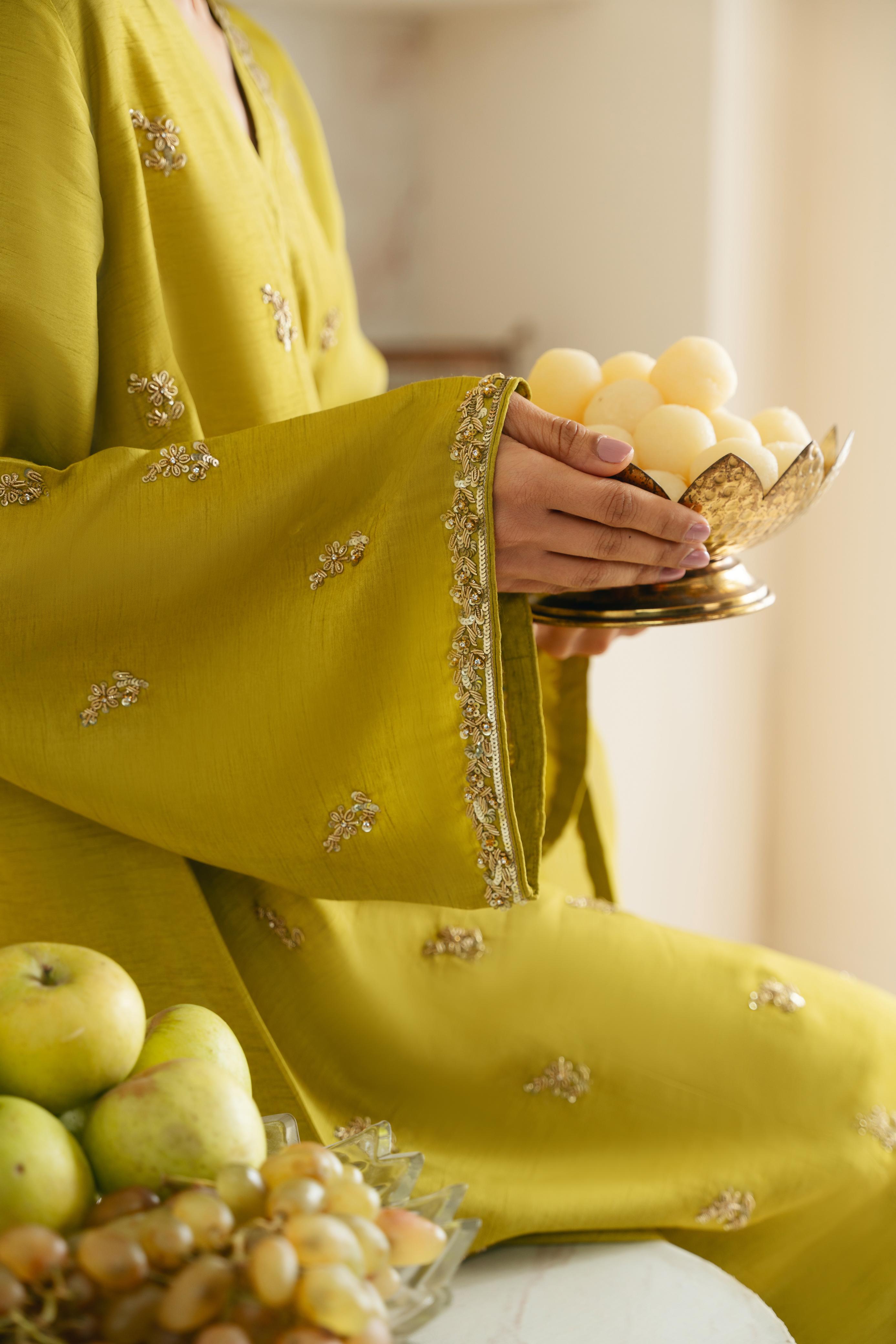 Pakistani Dhani Green Hand Ada Work Korean Silk Kalidaar (3-Piece) - Image 4