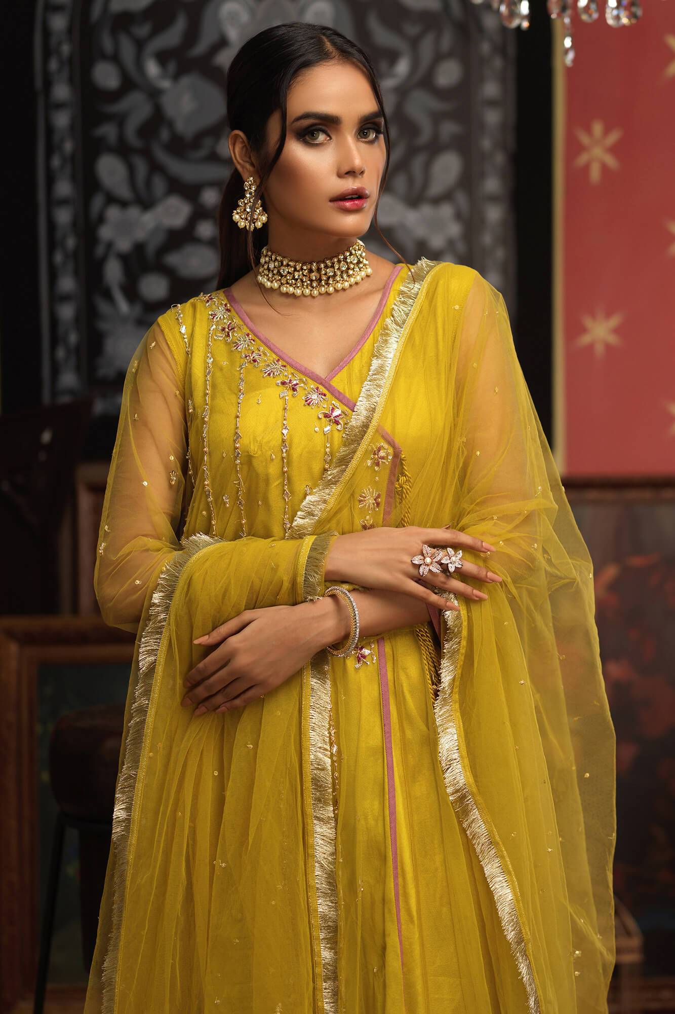 Lime Green Embroidered Net Kalidar Dress (3-Piece) - Image 1