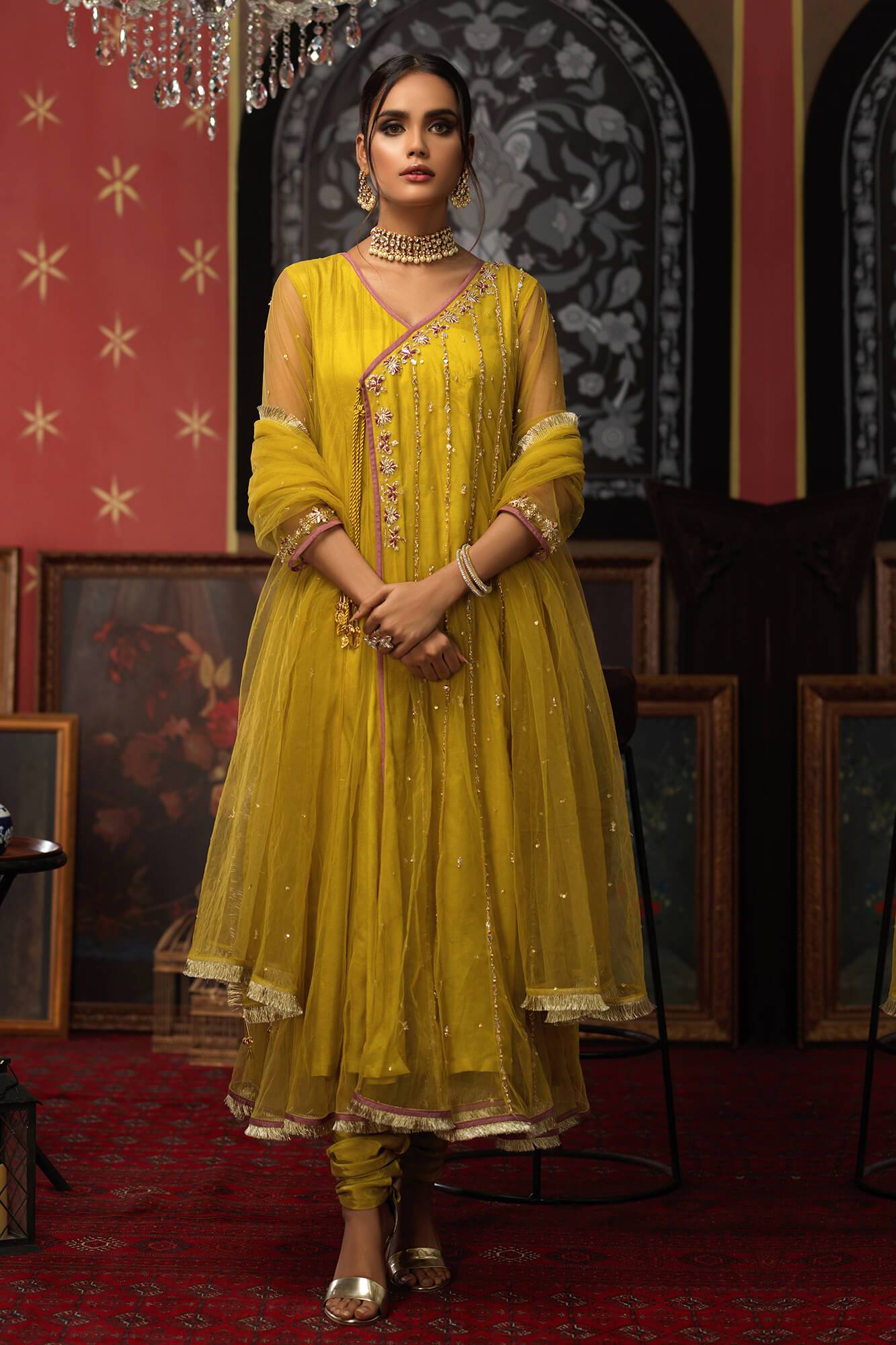 Lime Green Embroidered Net Kalidar Dress (3-Piece) - Image 2