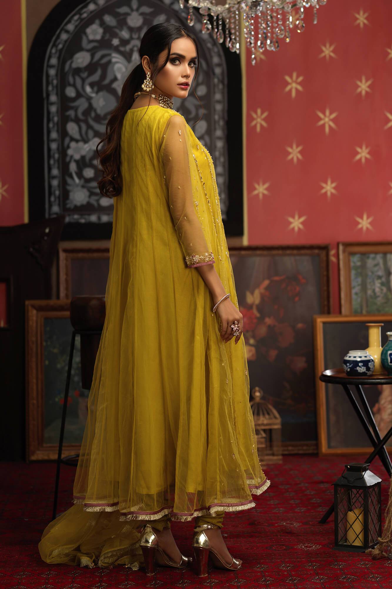 Lime Green Embroidered Net Kalidar Dress (3-Piece) - Image 3