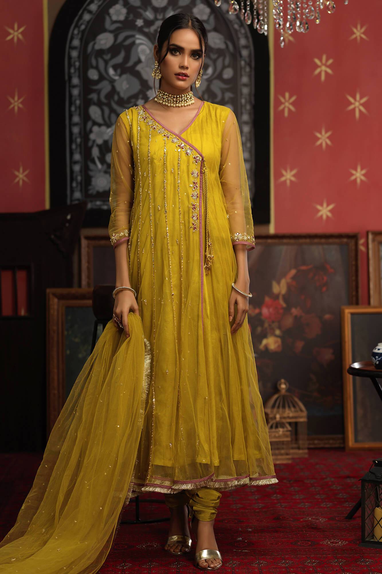 Lime Green Embroidered Net Kalidar Dress (3-Piece) - Image 4