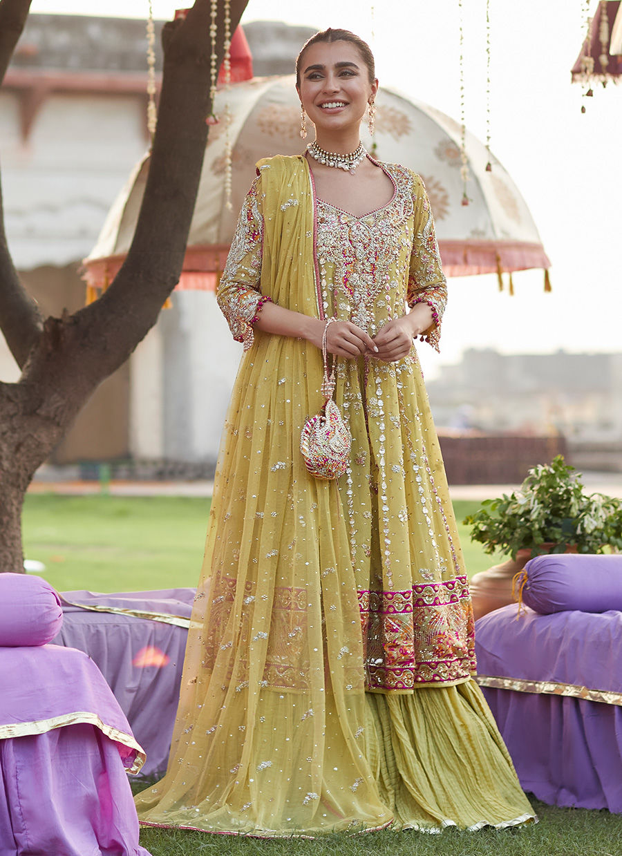 Kiwi Green Zardozi Net Kalidaar (3-Piece) - Image 1