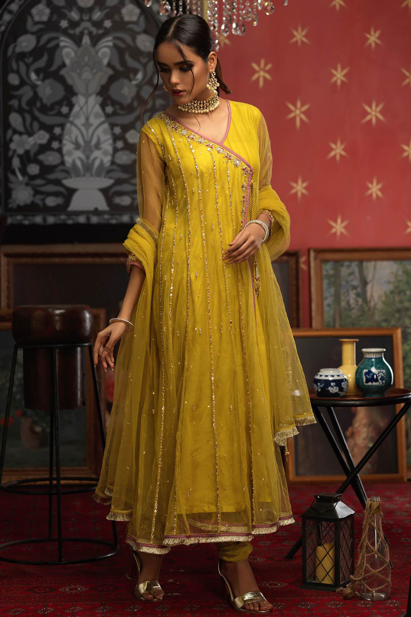 Pakistani Lime Green Embroidered Net Kalidar (3-Piece) - Image 5