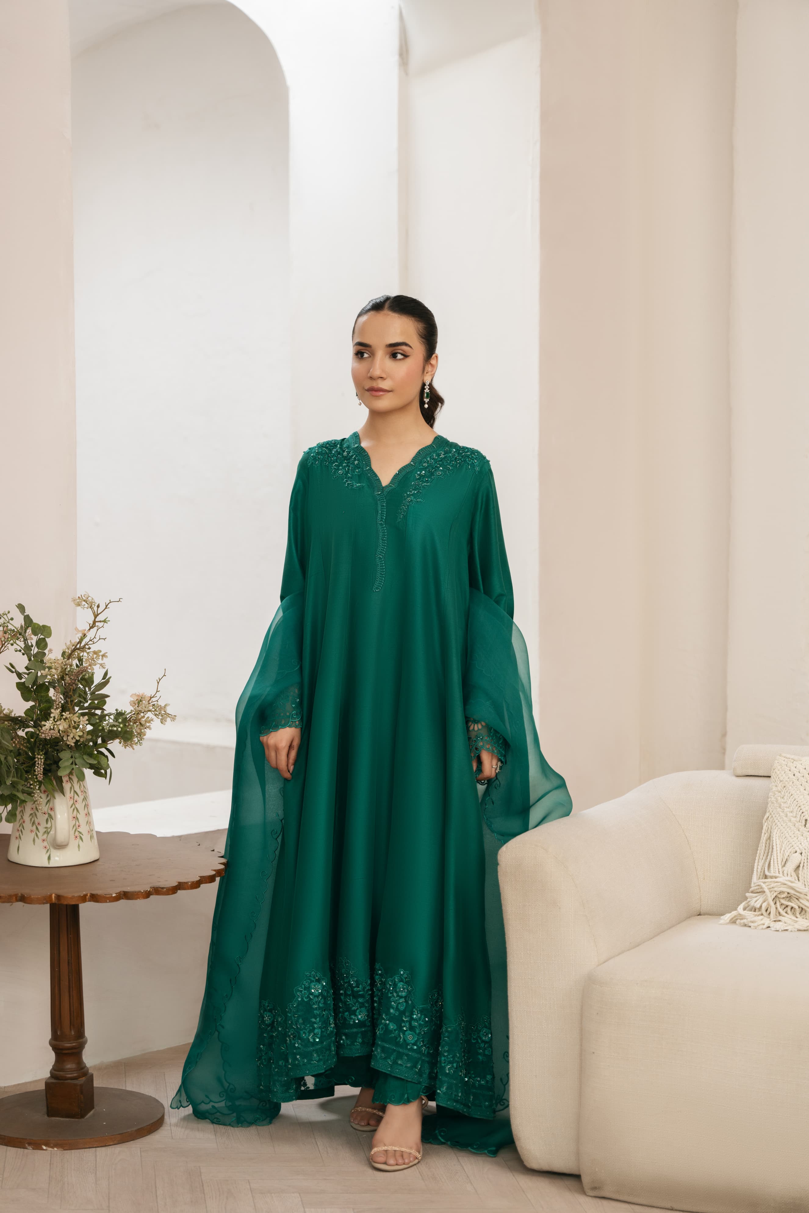 Emerald Green Cutwork Raw Silk Kalidaar (3-Piece) - Image 1