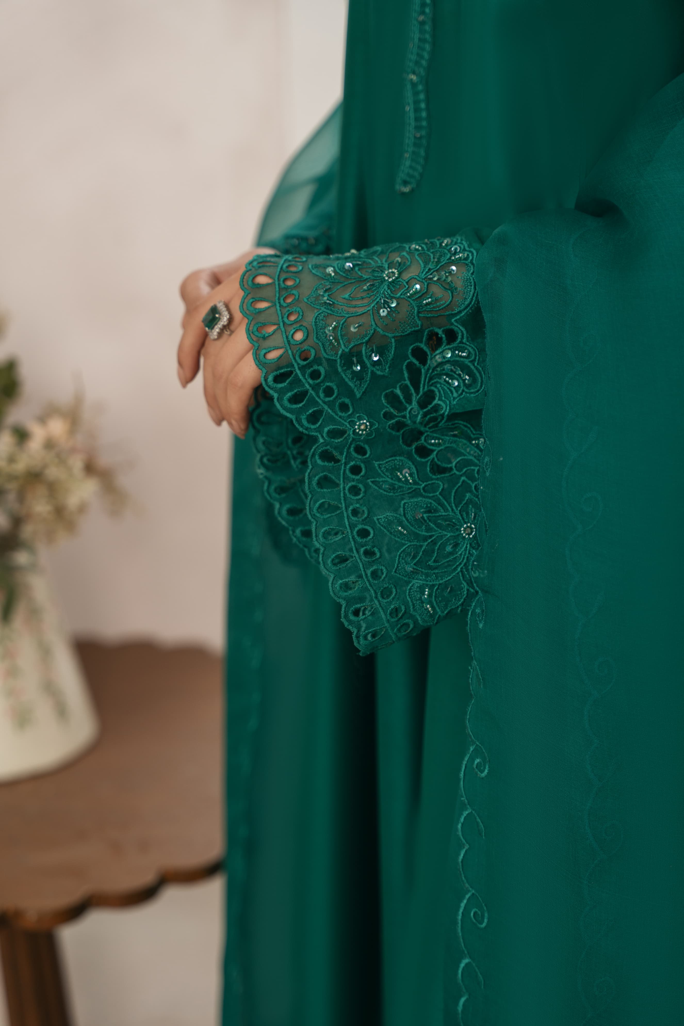 Emerald Green Cutwork Raw Silk Kalidaar (3-Piece) - Image 2