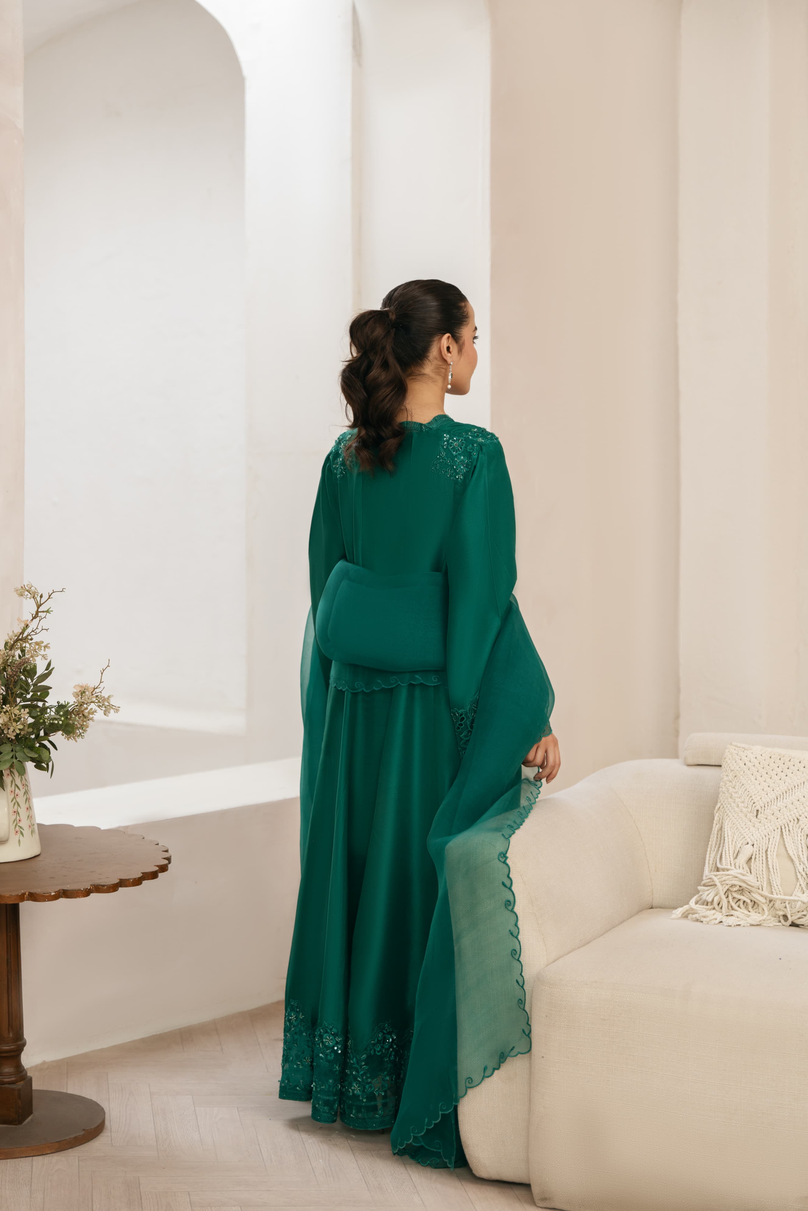 Emerald Green Cutwork Raw Silk Kalidaar (3-Piece) - Image 3