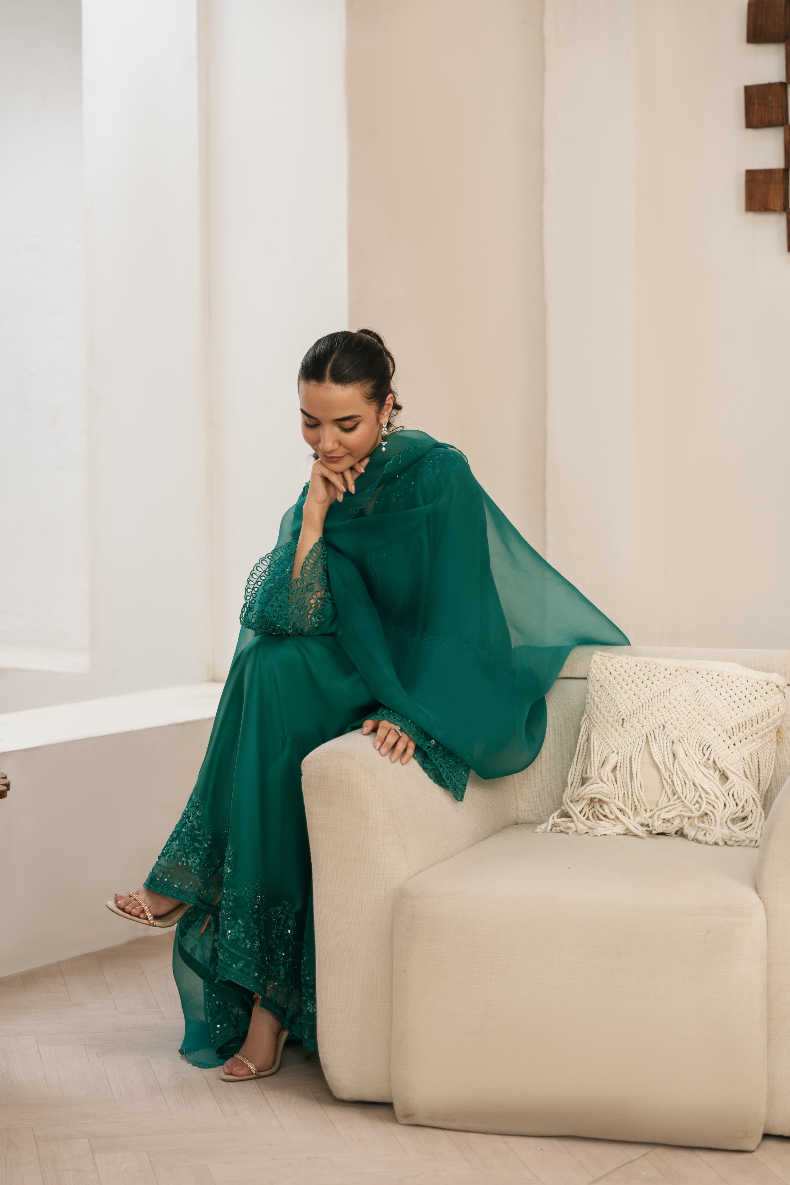 Emerald Green Cutwork Raw Silk Kalidaar (3-Piece) - Image 6