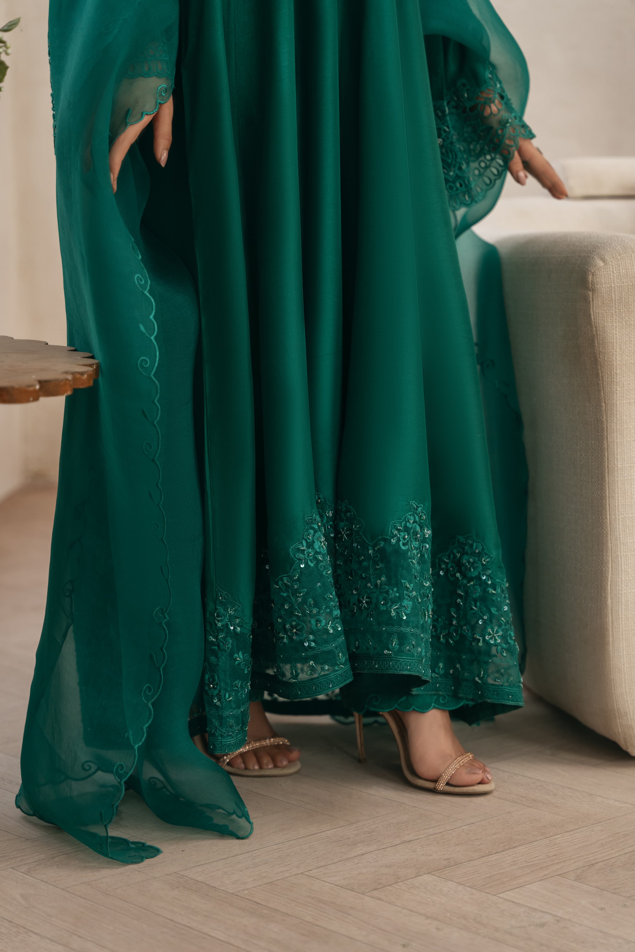 Emerald Green Cutwork Raw Silk Kalidaar (3-Piece) - Image 7