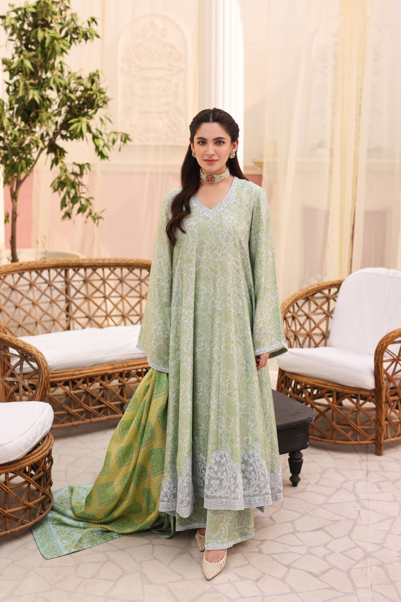 Pastel Green Embroidered Raw Silk Kalidaar (3-Piece) - Image 1
