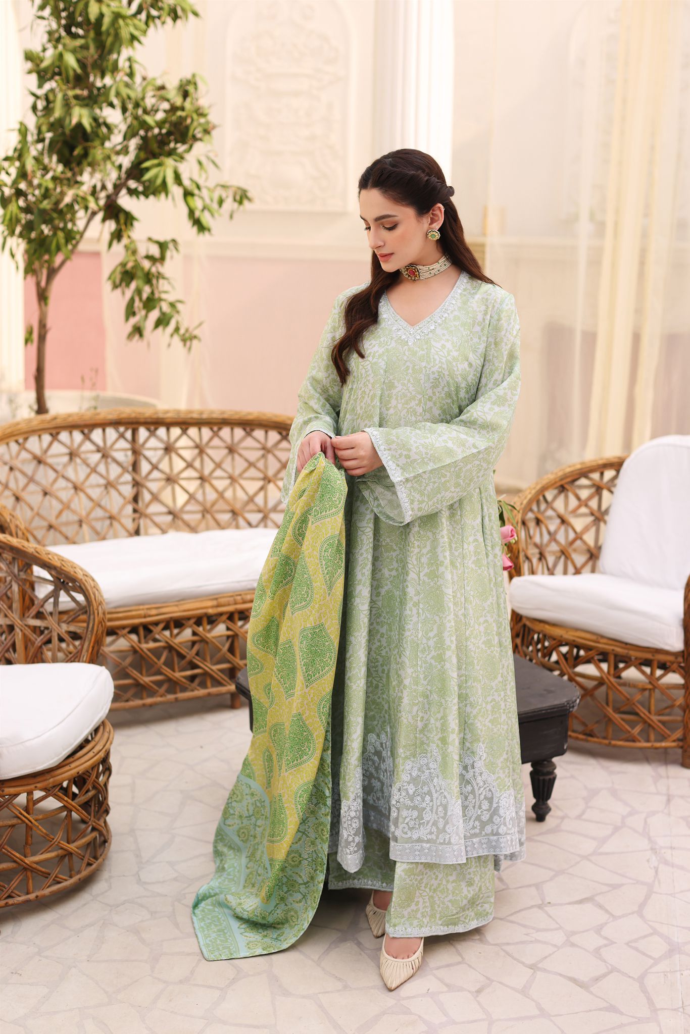 Pastel Green Embroidered Raw Silk Kalidaar (3-Piece) - Image 2