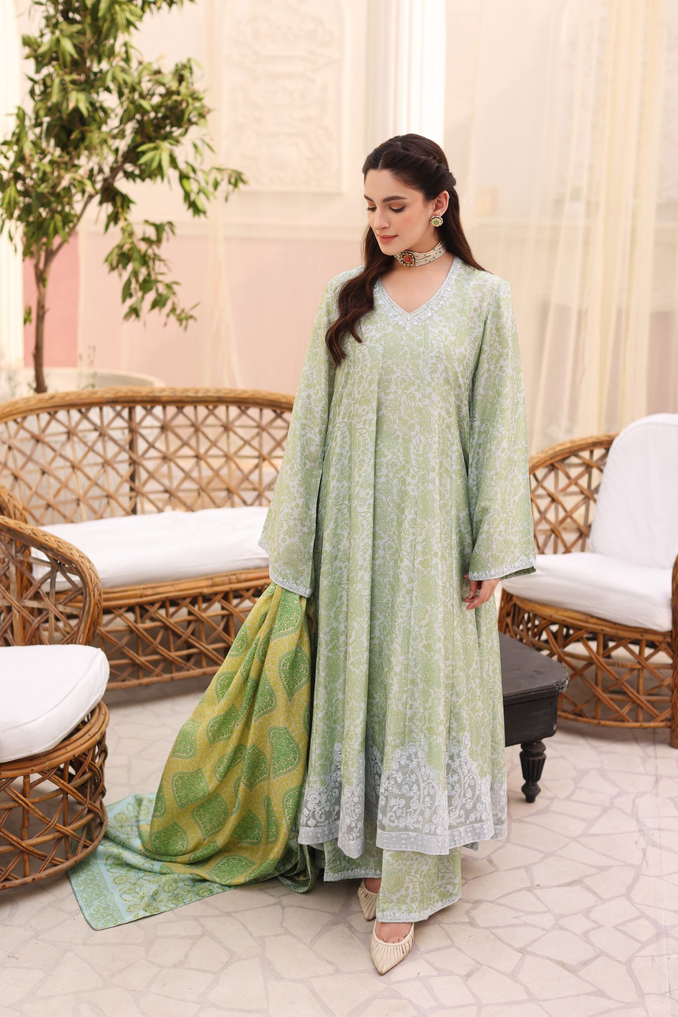 Pastel Green Embroidered Raw Silk Kalidaar (3-Piece) - Image 3
