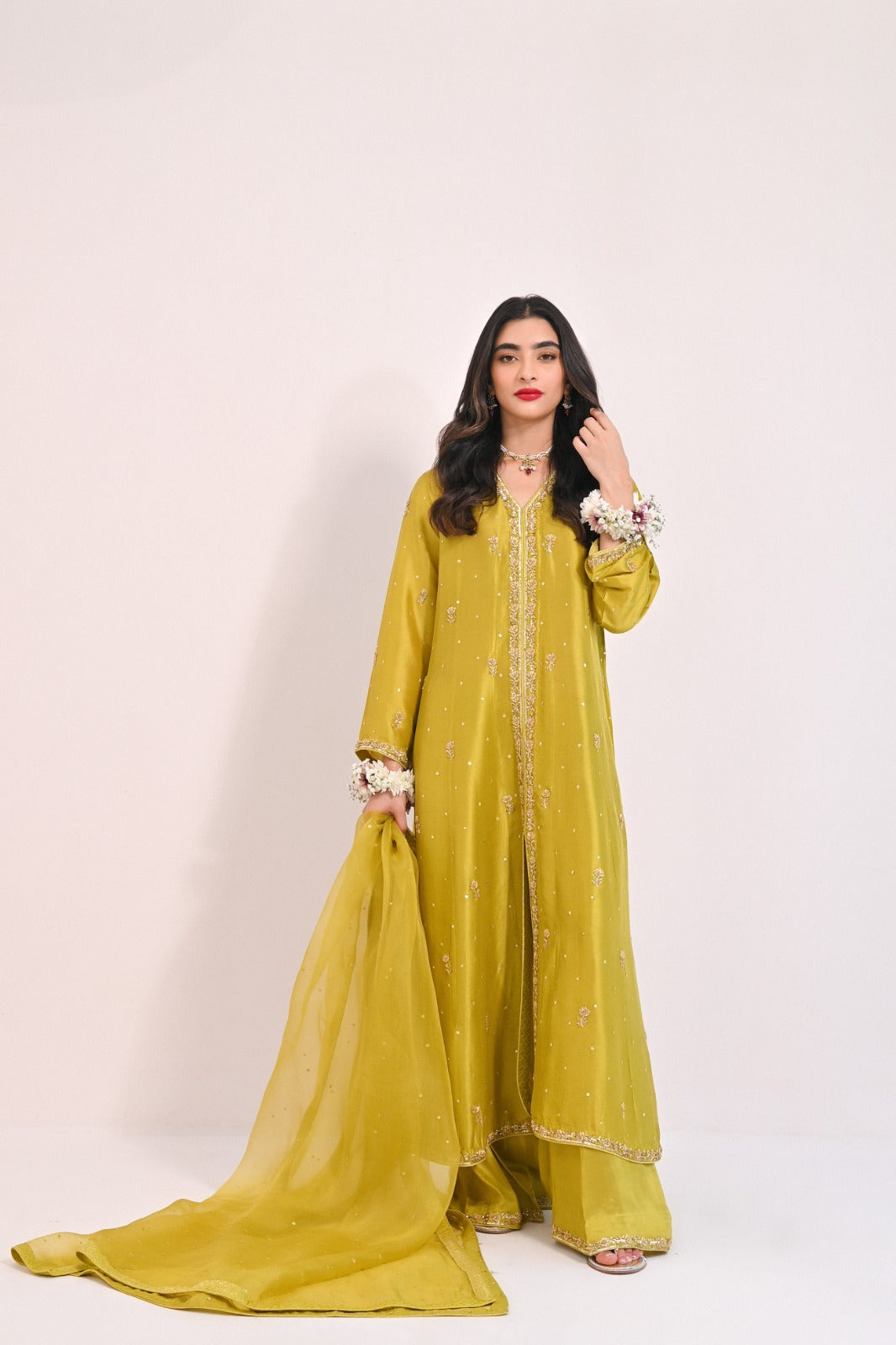 Dhani Green Zardosi Pure Raw Silk Kalidaar (3-Piece) - Image 6