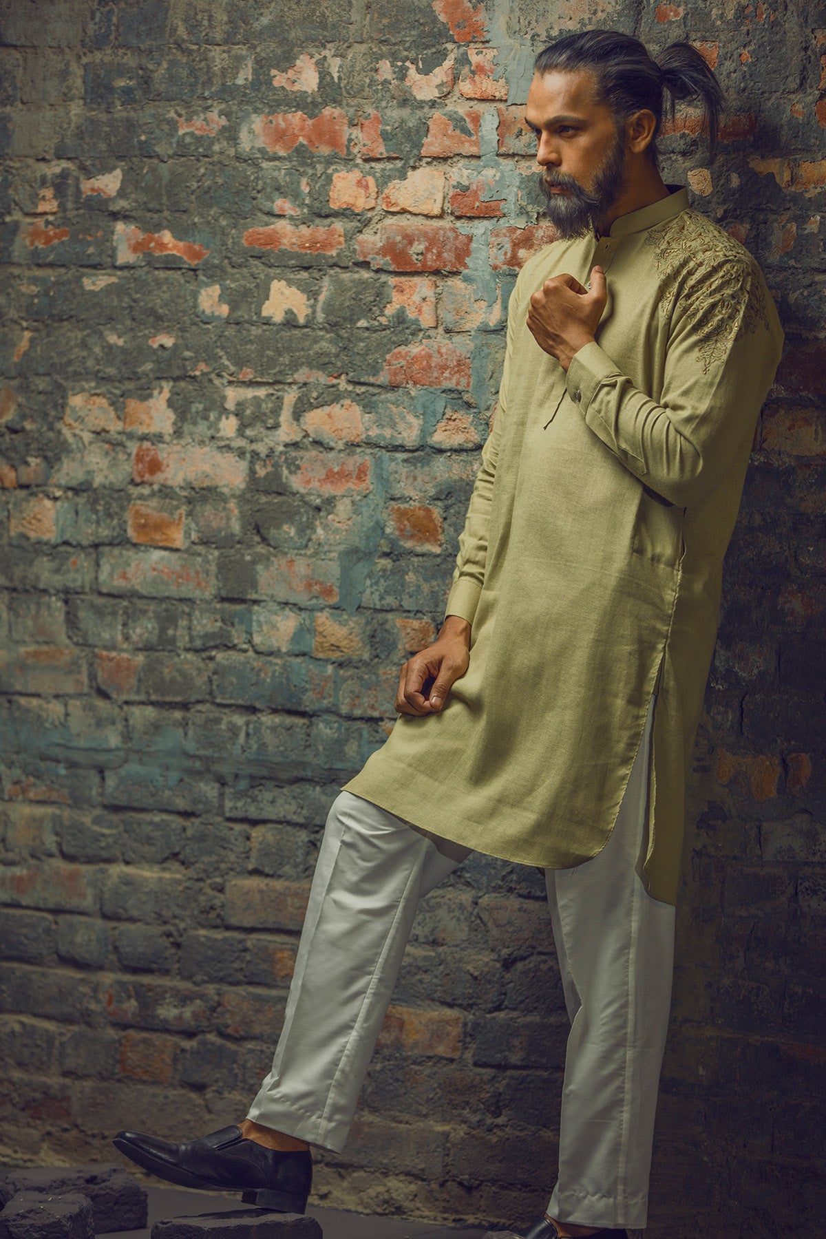 Olive Green Embroidered Cotton-Silk Kurta (2-Piece) - Image 1