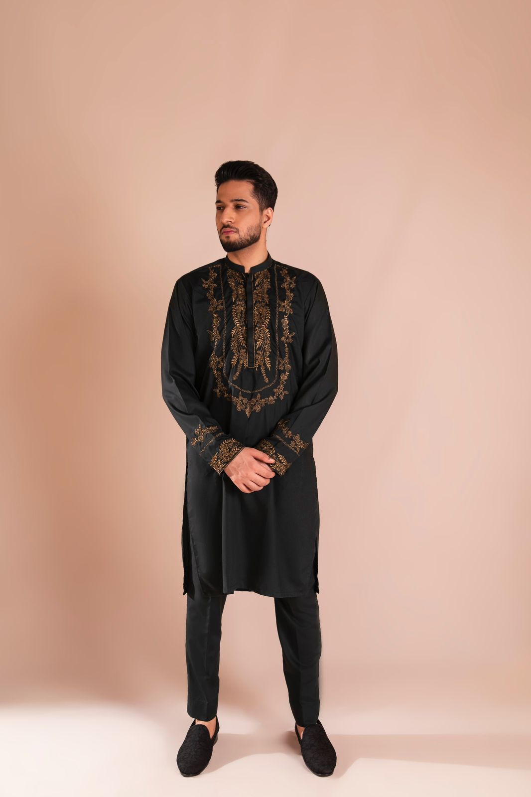 Green Copper Tilla Embroidered Kurta Pajama (2-Piece) - Image 3
