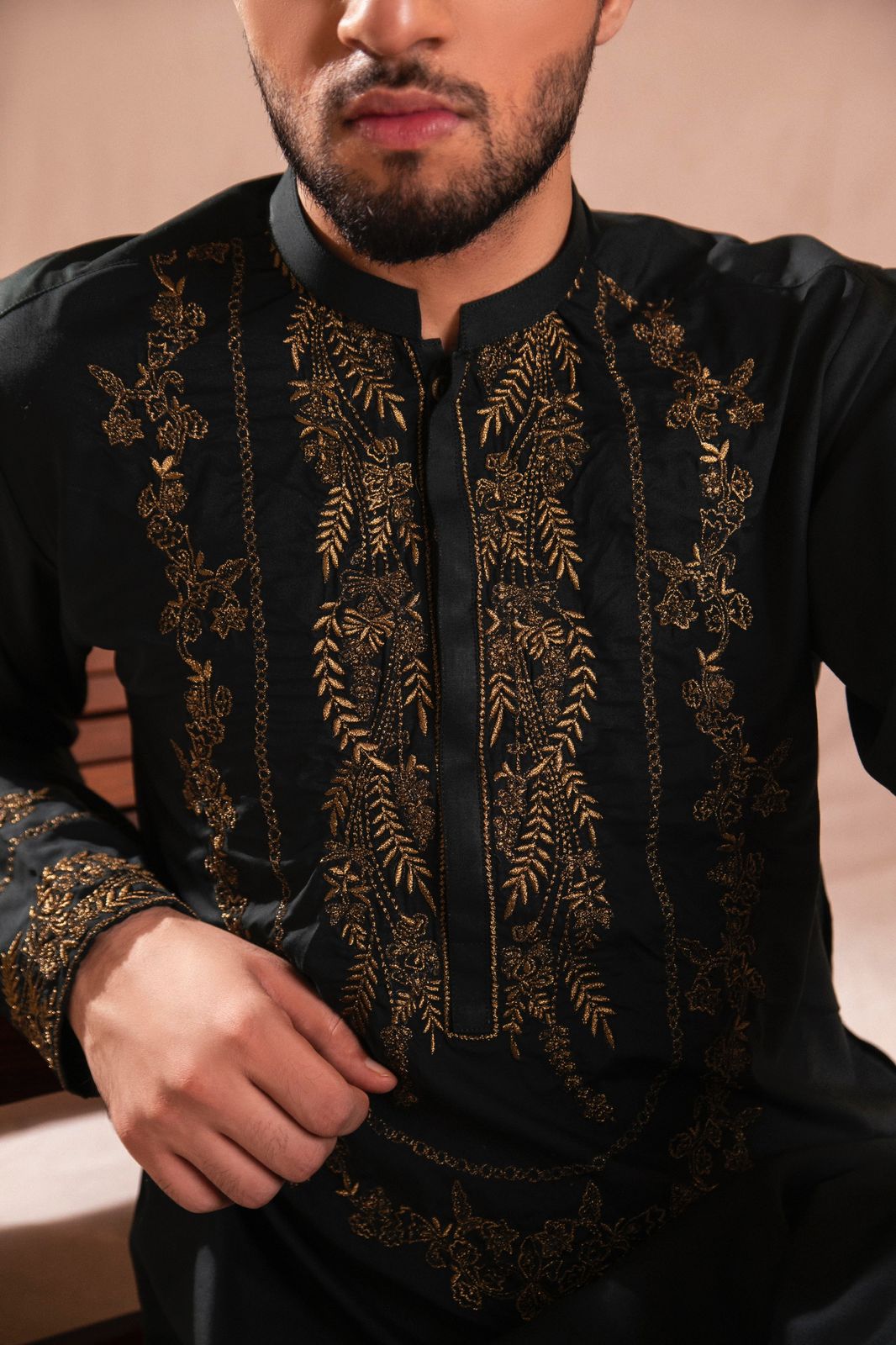 Green Copper Tilla Embroidered Kurta Pajama (2-Piece) - Image 5