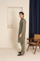 Olive Green Blended Fabric Kurta Pajama (2-Piece) - Image 2