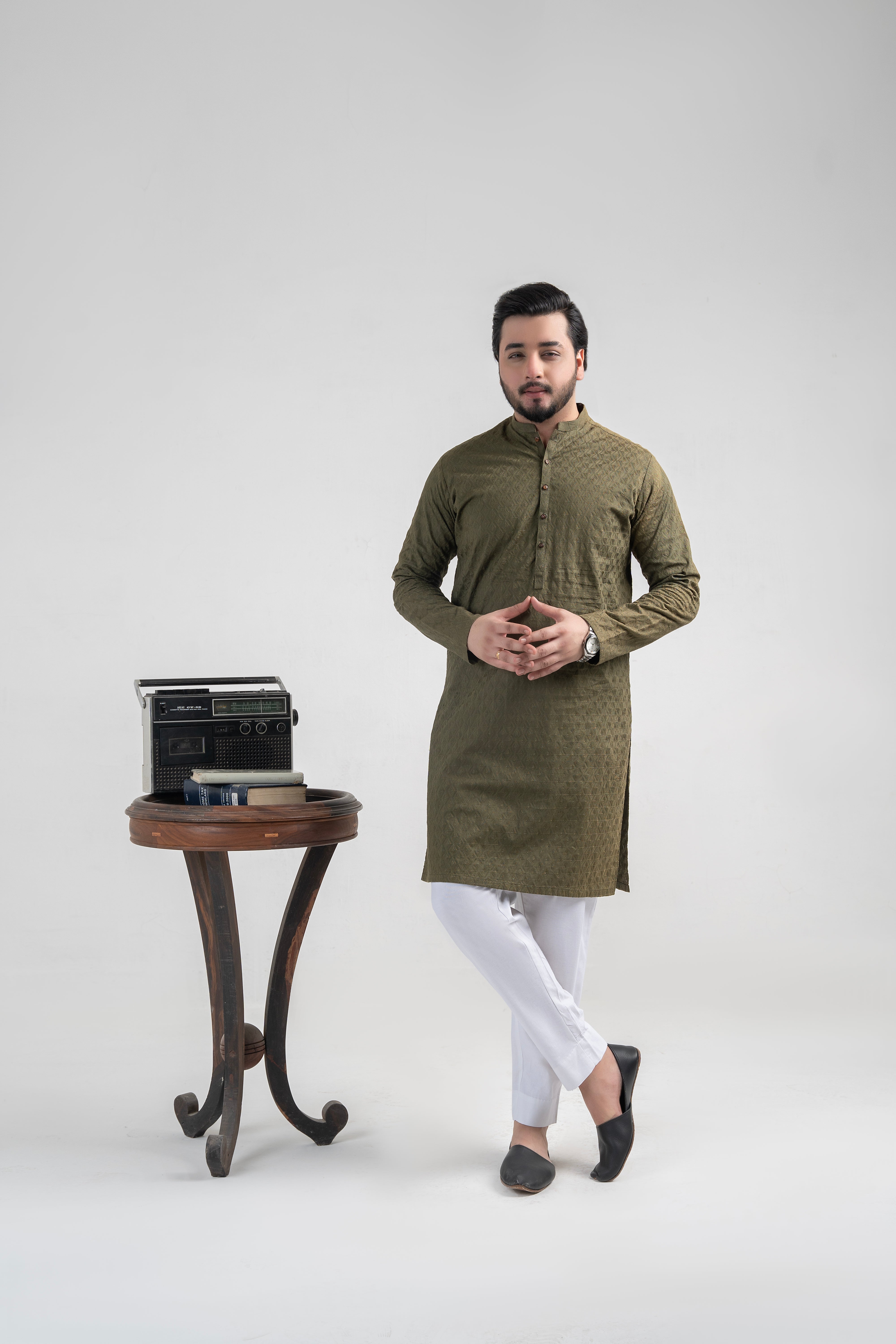 Mehndi Green Chicken-Kari Cotton Kurta (1-Pc) - Image 1